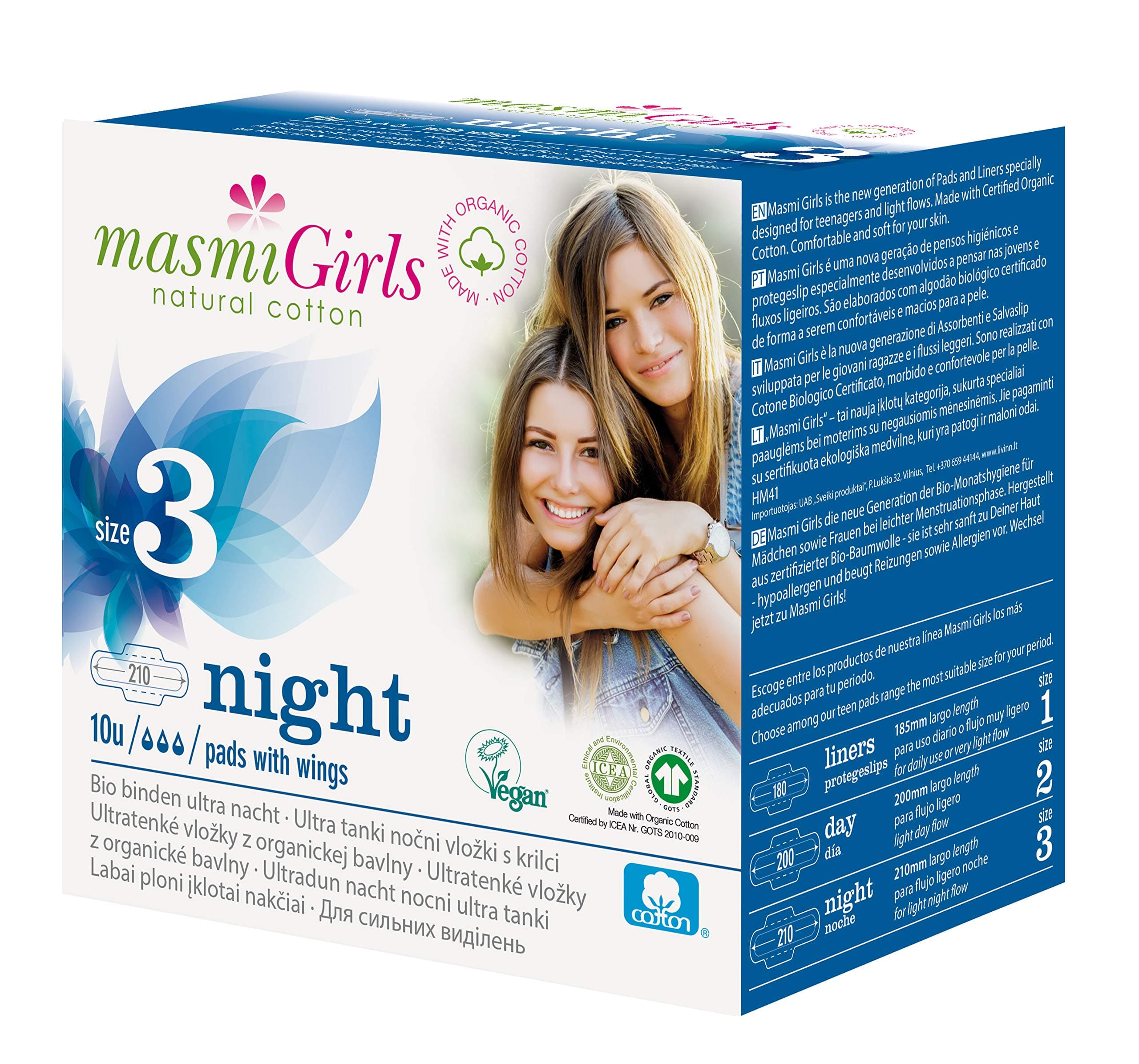 Masmi Girls Organic Sanitary Pads with Wings Night Pack of 3