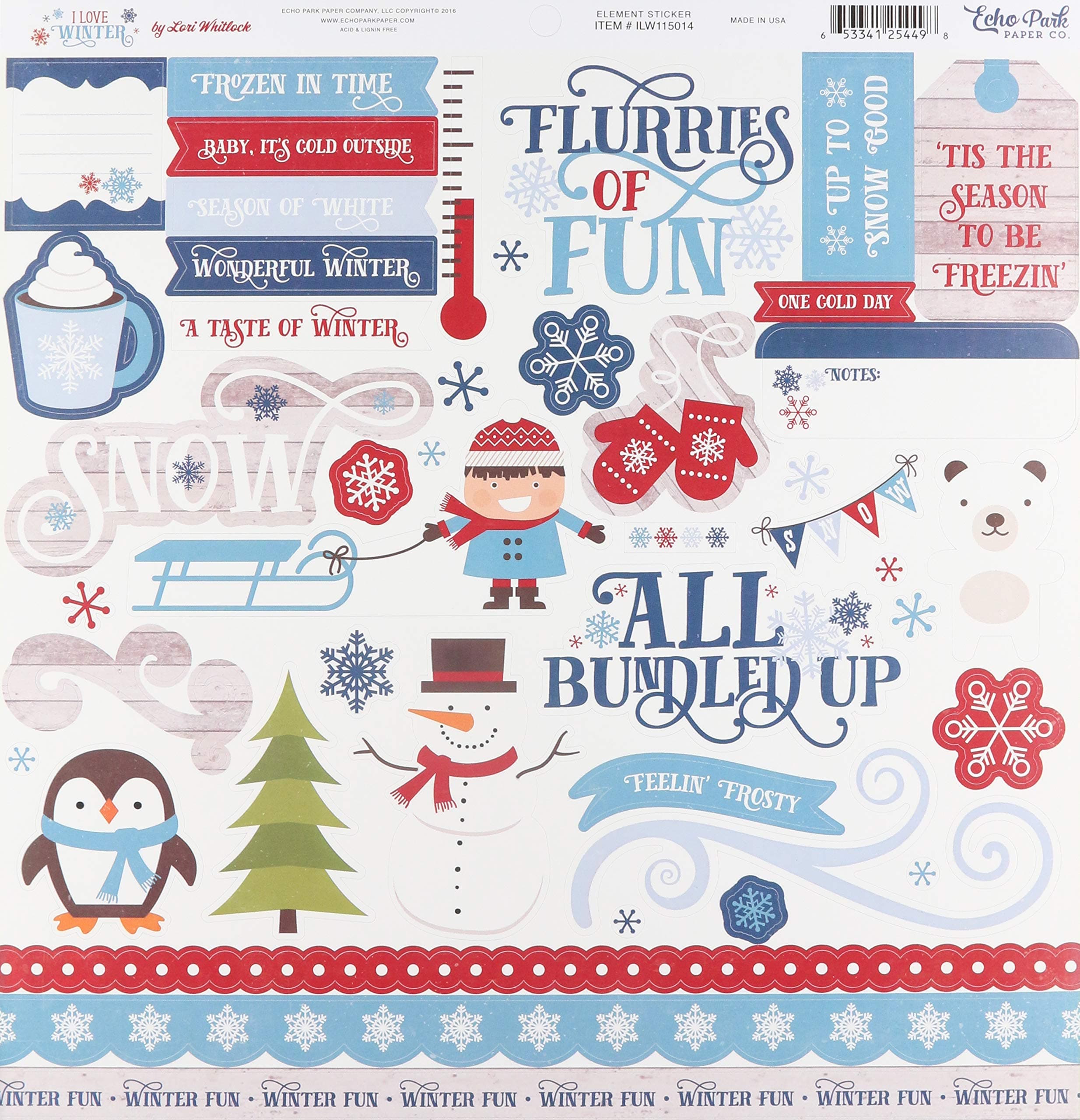 I Love Winter Cardstock Stickers 12"X12"-Element