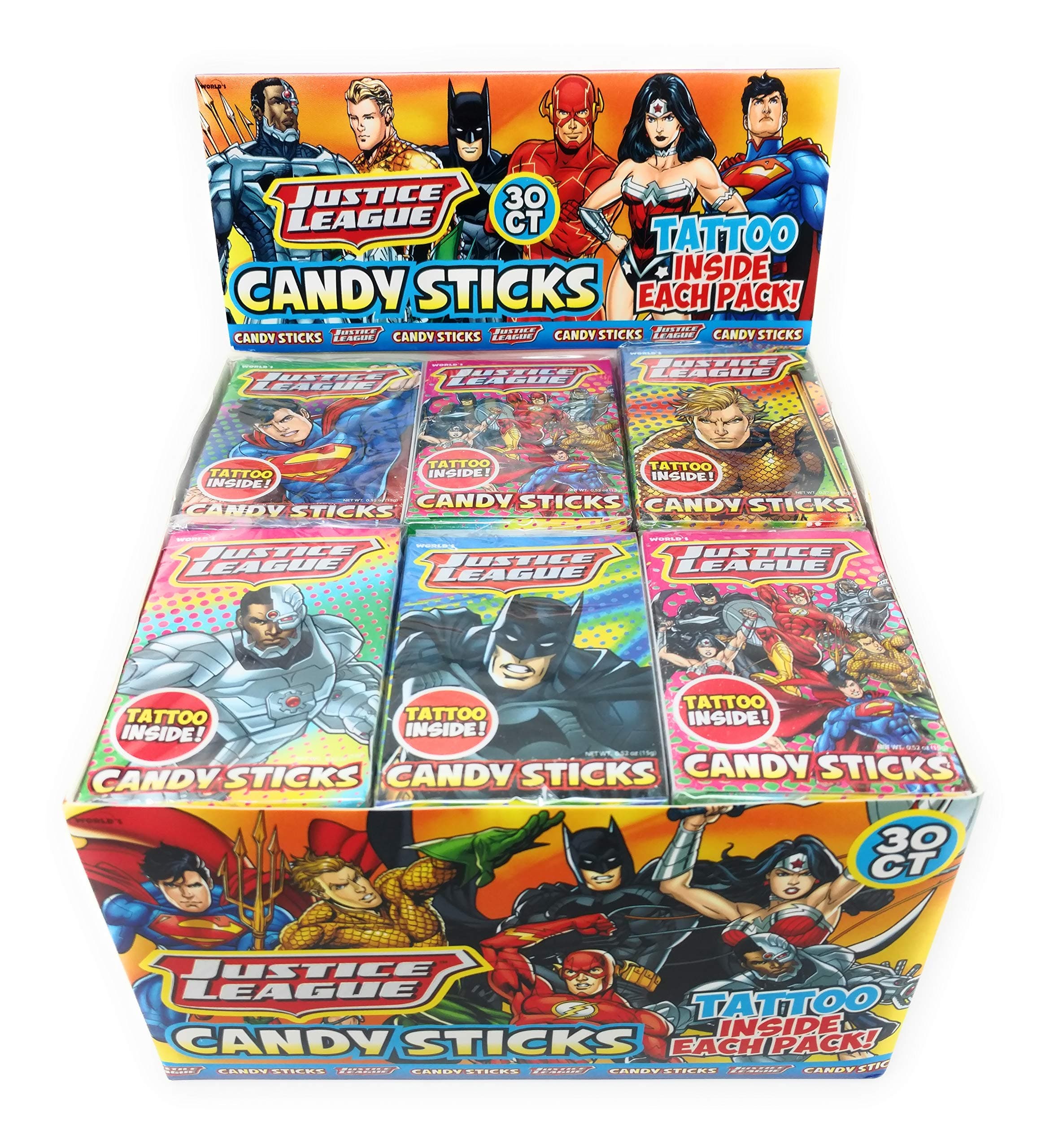 Justice League Superhero Candy Sticks With Tattoo | Great For Kids Party Favors and Goodie Bags | 30 Packs Per Box | Includes 5 Superhero Stickers | By Amazing Snack Packs