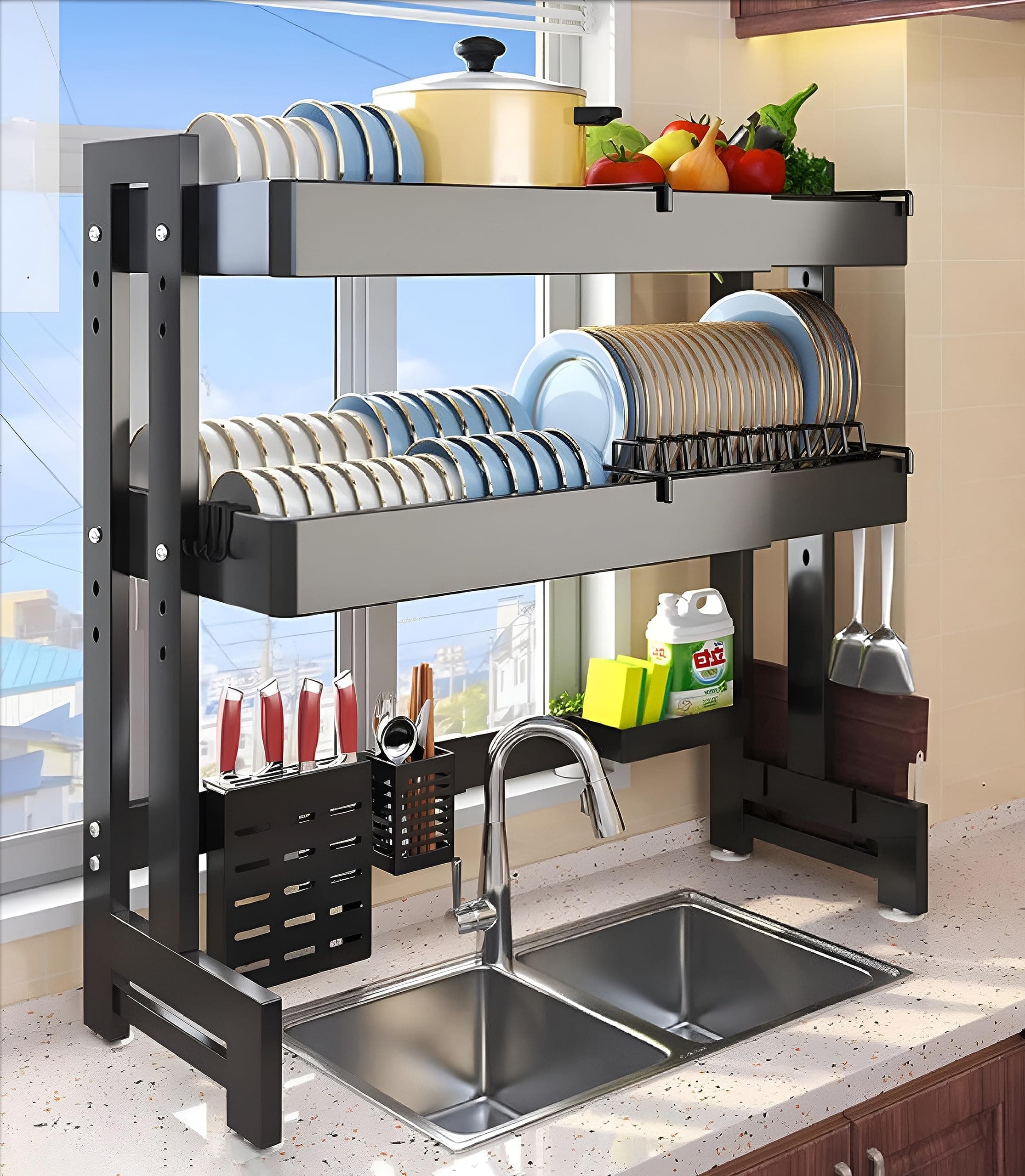 Adjustable Length Double Layer Tier Over The Sink Dish Drying Stand Drainer Organizer Storage Rack Kitchen Countertop Cutlery Organizer Utensil Drain Bracket Shelf Retractable
