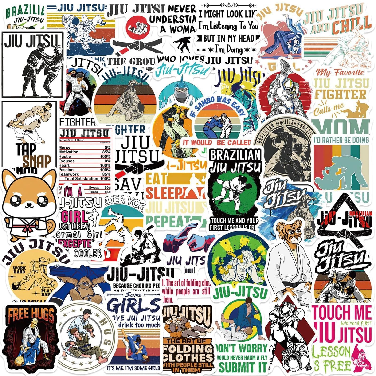 Jiu Jitsu Stickers Brazilian BJJ Stickers 50PCS, Icicrim Cute Sports Stickers for Adults Vinyl Waterproof Decals Jiujitsu Stickers for Water Bottles Laptop Luggage