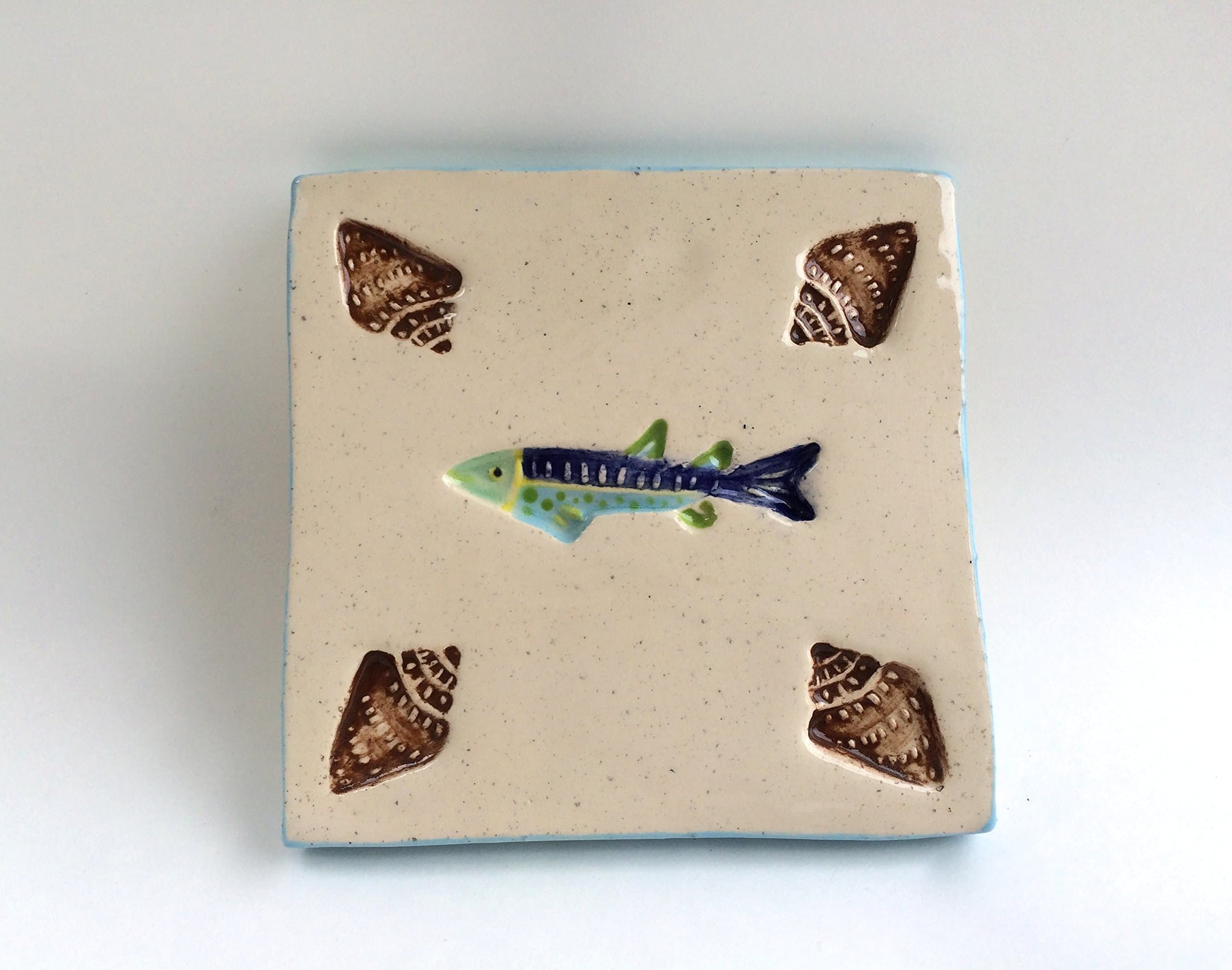 Fish and Seashell Handmade Ceramic Art Tile