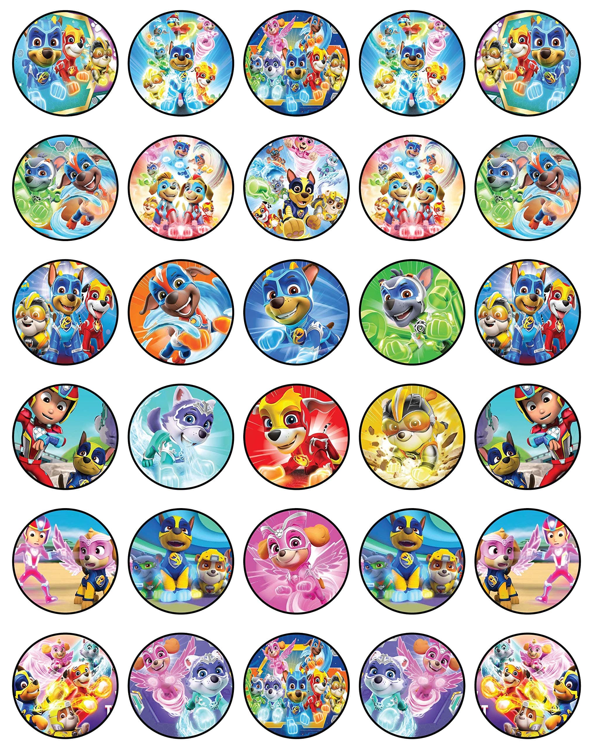 30 x Edible Cupcake Toppers Themed of Paw Patrol Mighty Collection of Edible Cake Decorations | Uncut Edible on Wafer Sheet