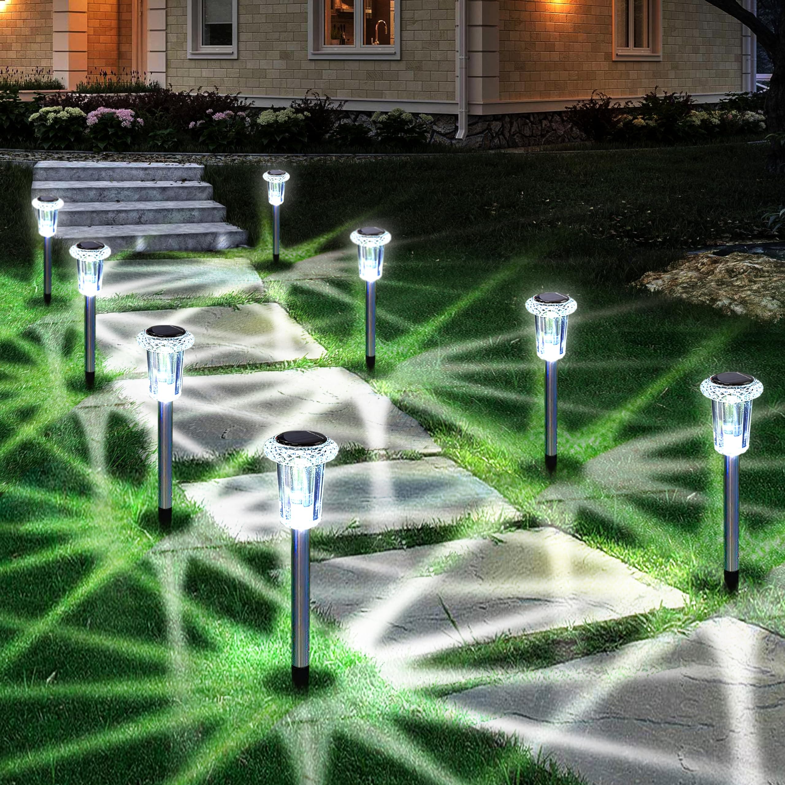 Solar Outdoor Lights, 10 Pack Solar Pathway Lights Outdoor Waterproof, Stainless Steel Solar Stake Lights for Garden Yard Path Walkway Driveway Lawn Decor - Cool White
