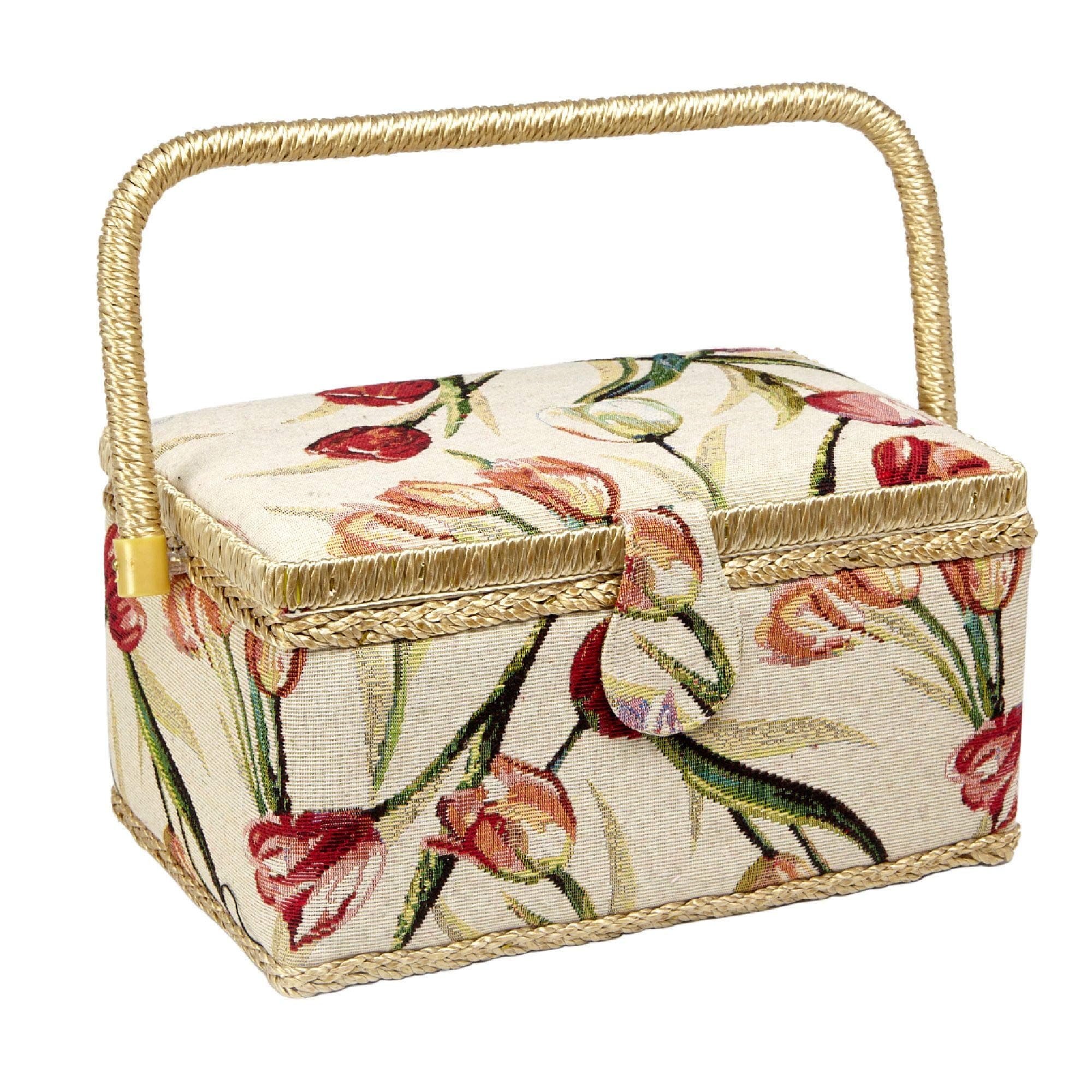 Sewing Basket with Tulip Floral Print Design- Sewing Kit Storage Box with Removable Tray, Built-in Pin Cushion and Interior Pocket - Medium - 11" x 7" x 5.5" - by Adolfo Design