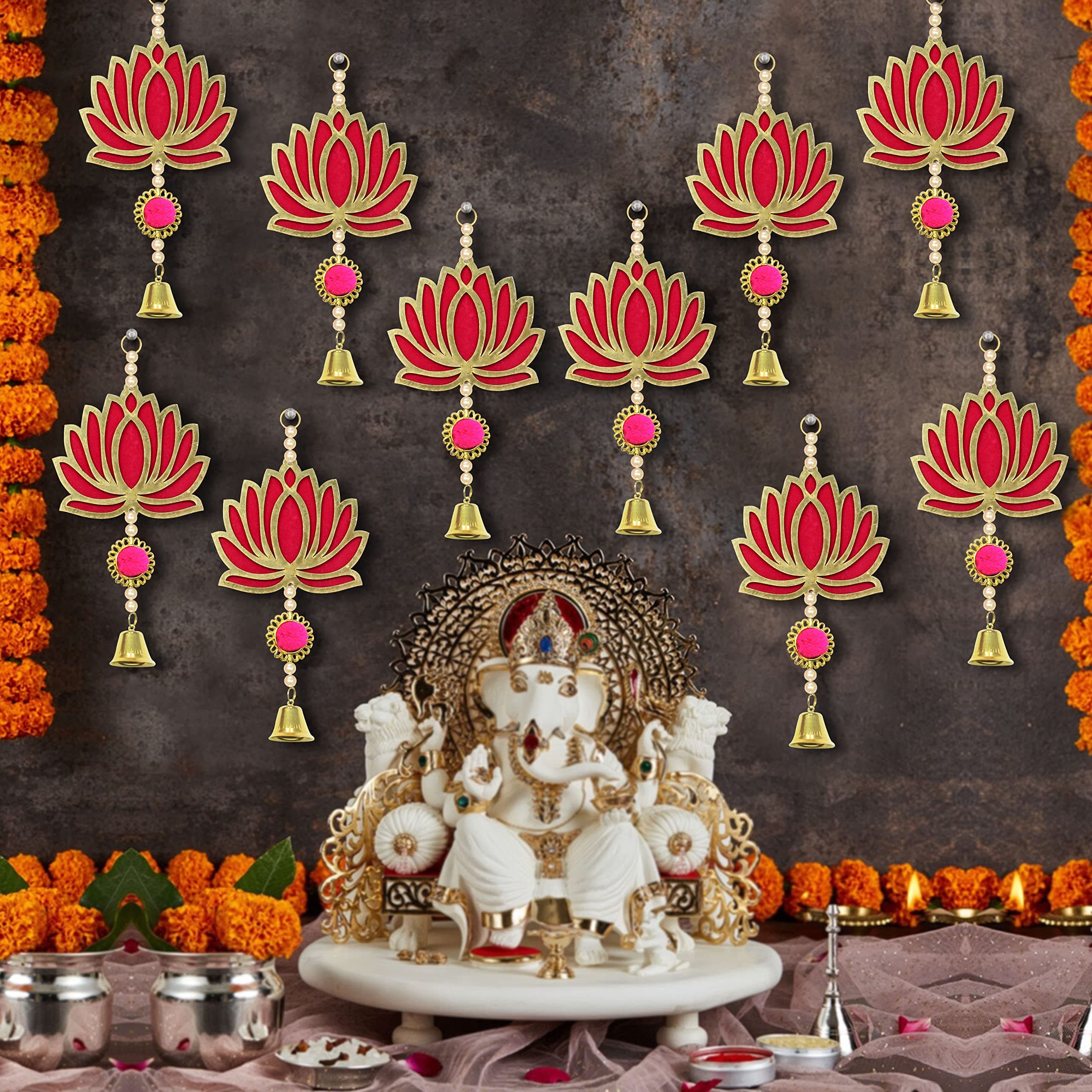 TIED RIBBONS Lotus Backdrop Hanging Pooja Decor | Plastic, 9 Inch | Set of 10 | Indian Pooja Decorations for Home, Navratri, Wedding, Ganesh Pooja |Diwali Decoration for Home, Ganesh Chaturthi