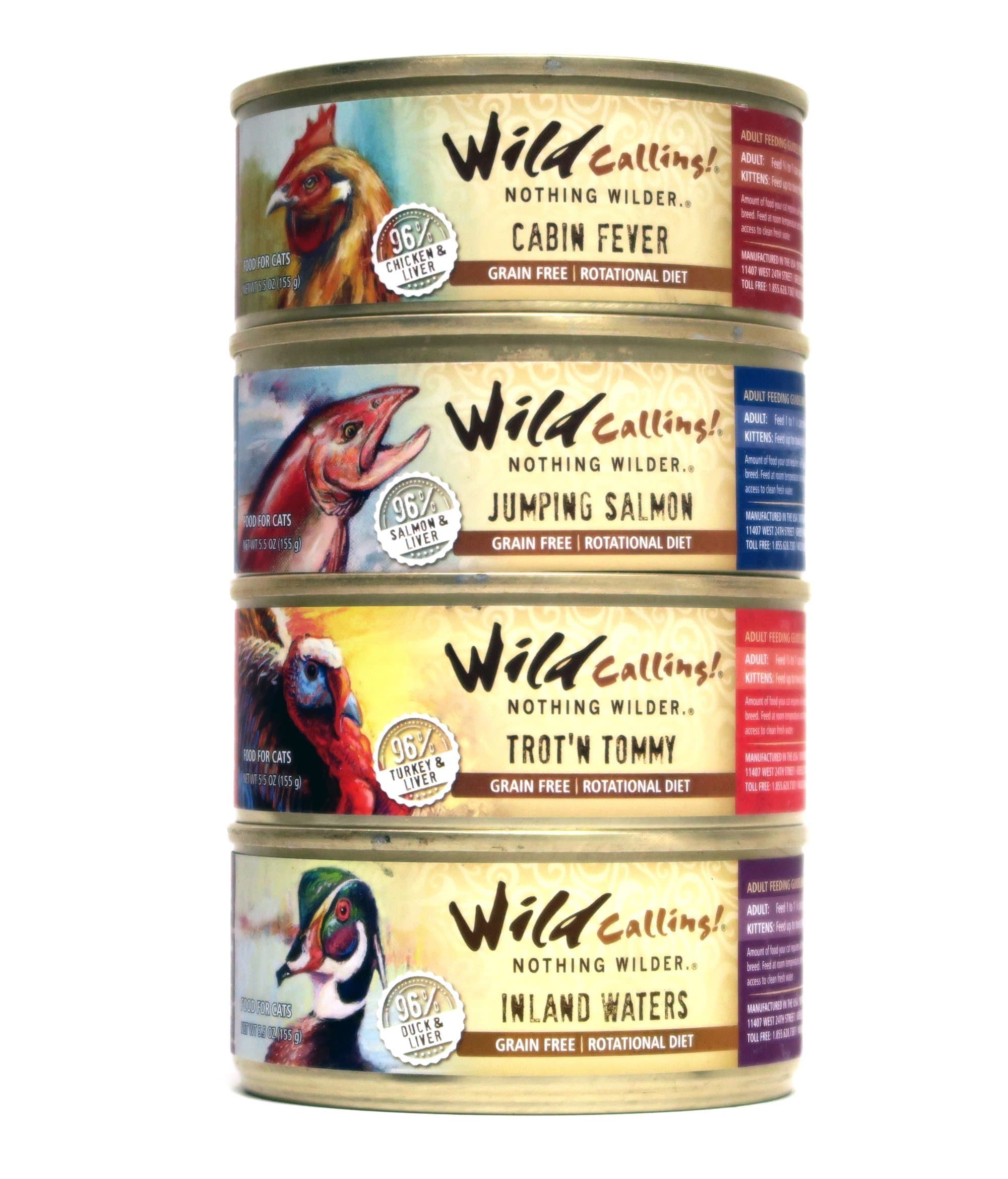 Wild Calling! Grain Free Cat Food Variety Pack - 4 Flavors (Chicken, Salmon, Turkey, Duck) 5.5 Ounces Each (12 Total Cans)