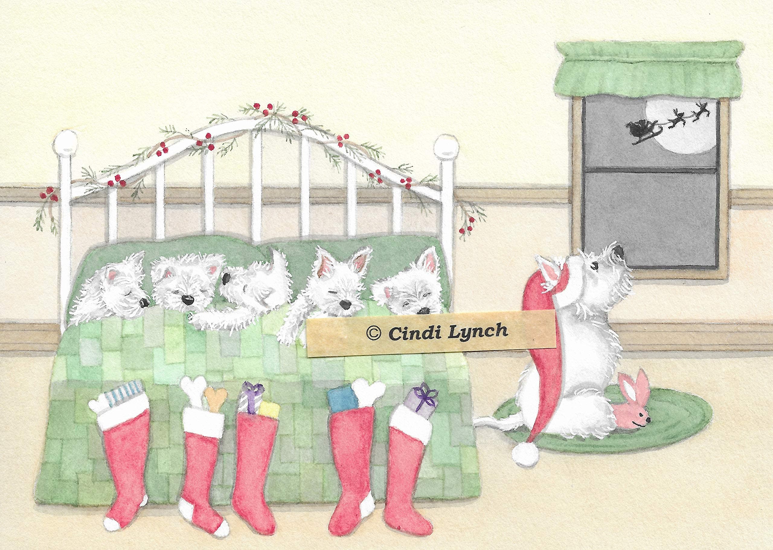 12 Christmas Cards: West Highland Terrier (Westie) Family Tucked in for Santa/Lynch Folk Art