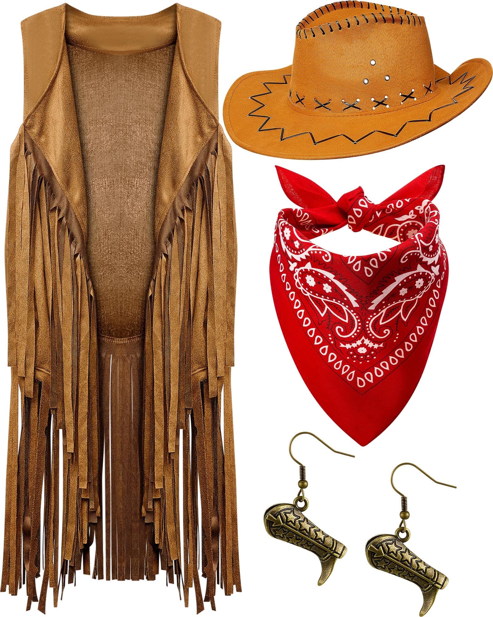 4 Pieces Halloween Western Cowgirl Outfits Set,60s 70s Hippie Costume,Cowgirl Cosplay Fringe Vest Bandana Cowboy Hat
