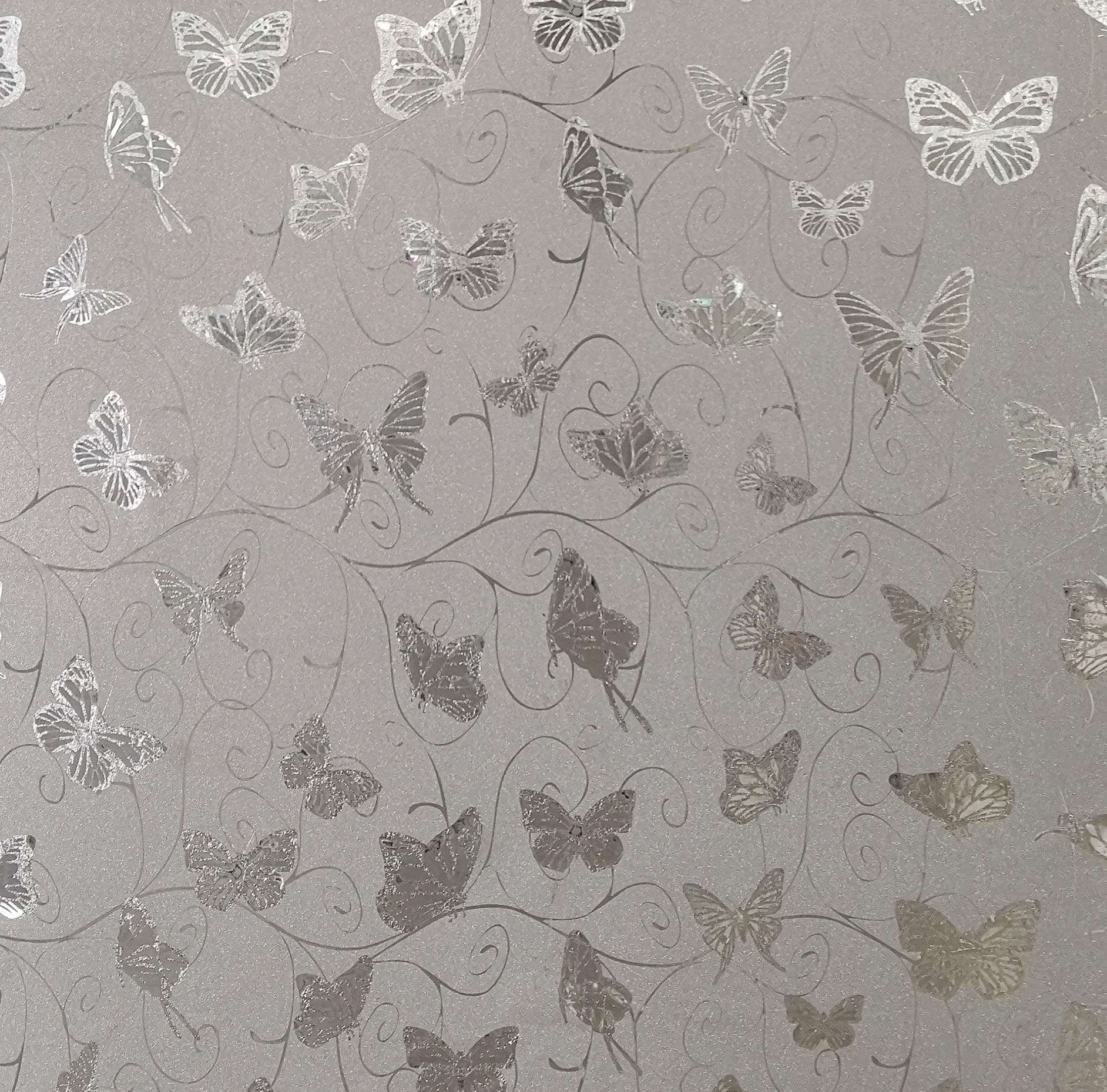 AZ-G023 Animals Glitter Silver, Grey Butterflies, Vines Peel and Stick Self Adhesive Removable Wallpaper, Roll 18 ft. X 18 in. (5.5m X 45cm), 26.6 sq. ft. (2.5 sq. m)