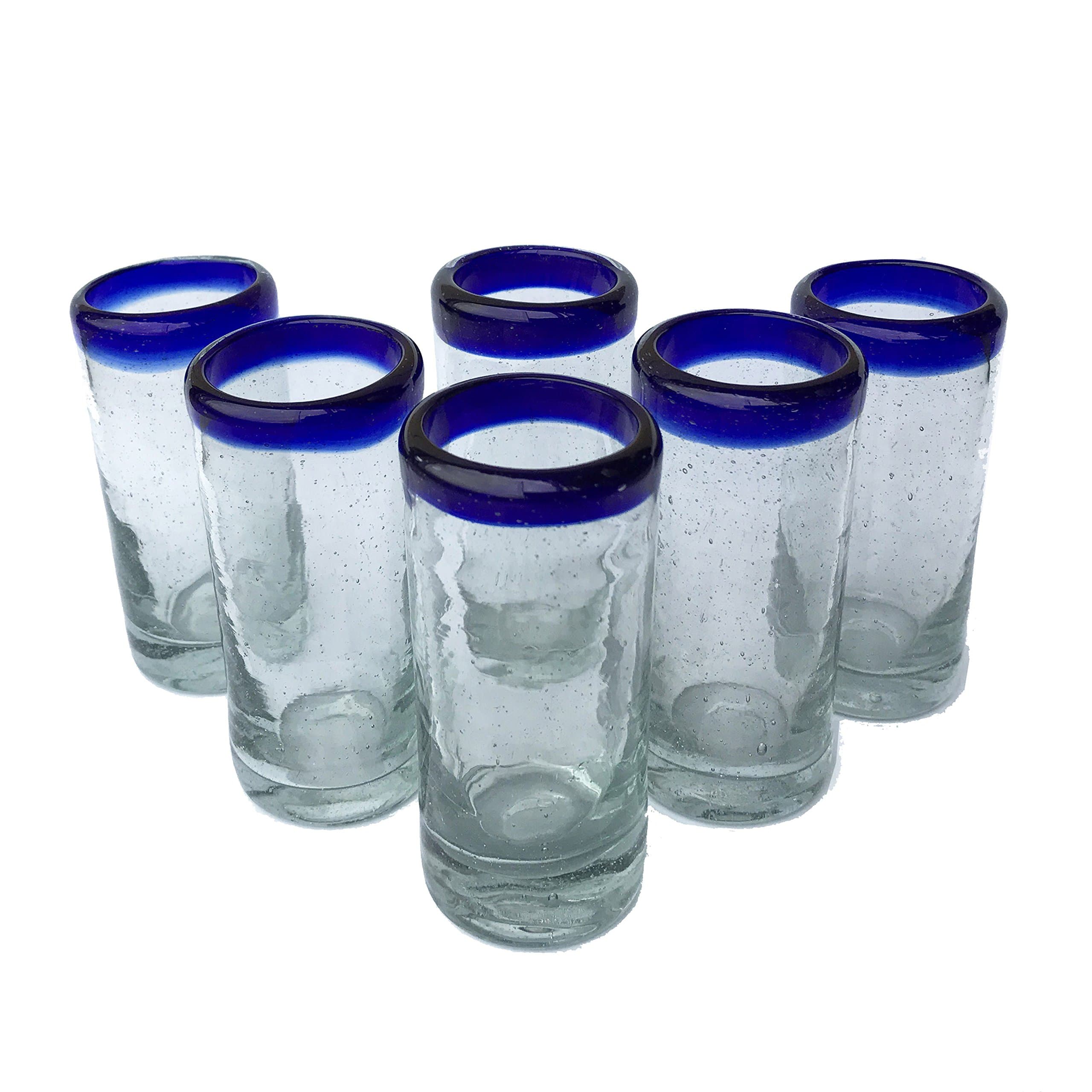 Shot Glasses, 2 oz. 'Tequila Sippers (set of 6) Hand Blown Clear Blue Rim