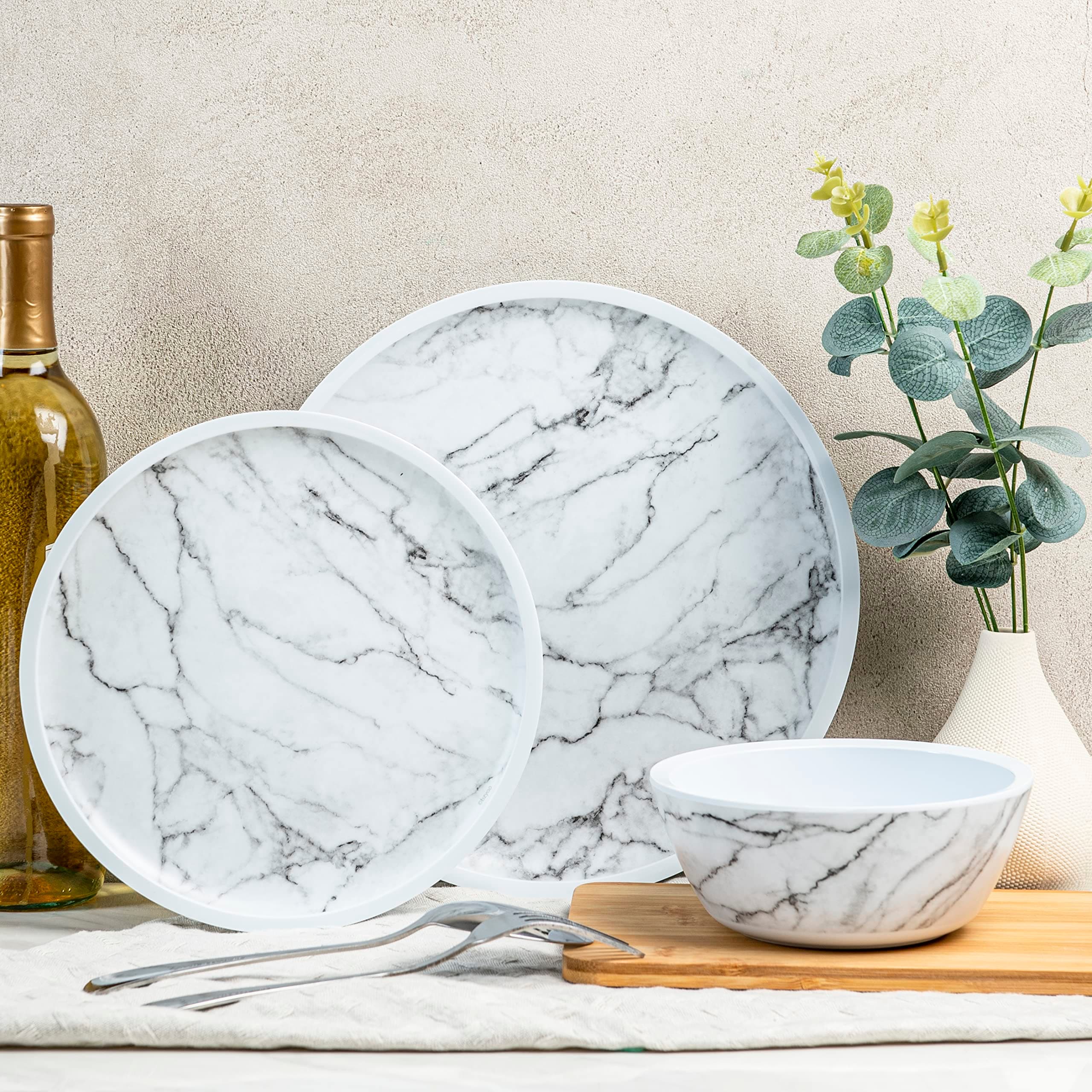BZYOO BPA-Free Dishwasher Safe 100% Melamine Plastic Marble Plate & Bowl Set for Casual dining Indoor and Outdoor Dining Party Camping (12 PCS Dinnerware set, Service for 4, White Marble)