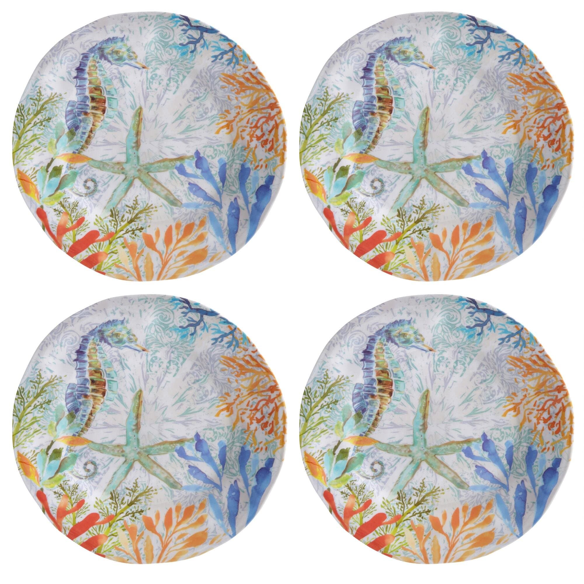 Coastal Seahorse Coral Reef Melamine Dinner Plates, Set of 4