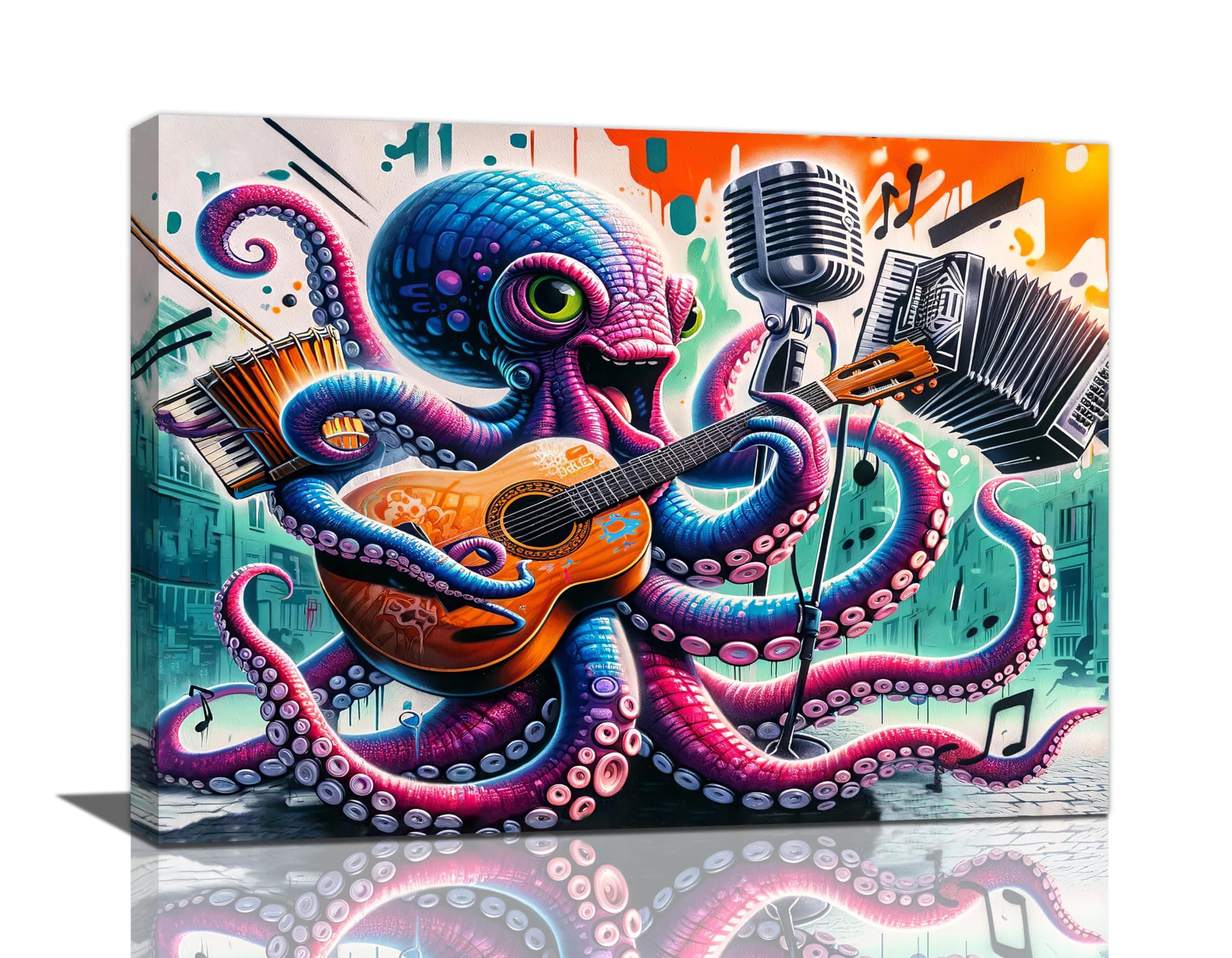 Graffiti Octopus Canvas Wall Art Music Octopus Pictures Wall Decor Funny Graffiti Street Painting Artwork Pop Modern Home Decorations for Bathroom Living Room Bedroom Office Framed 12×16 inch