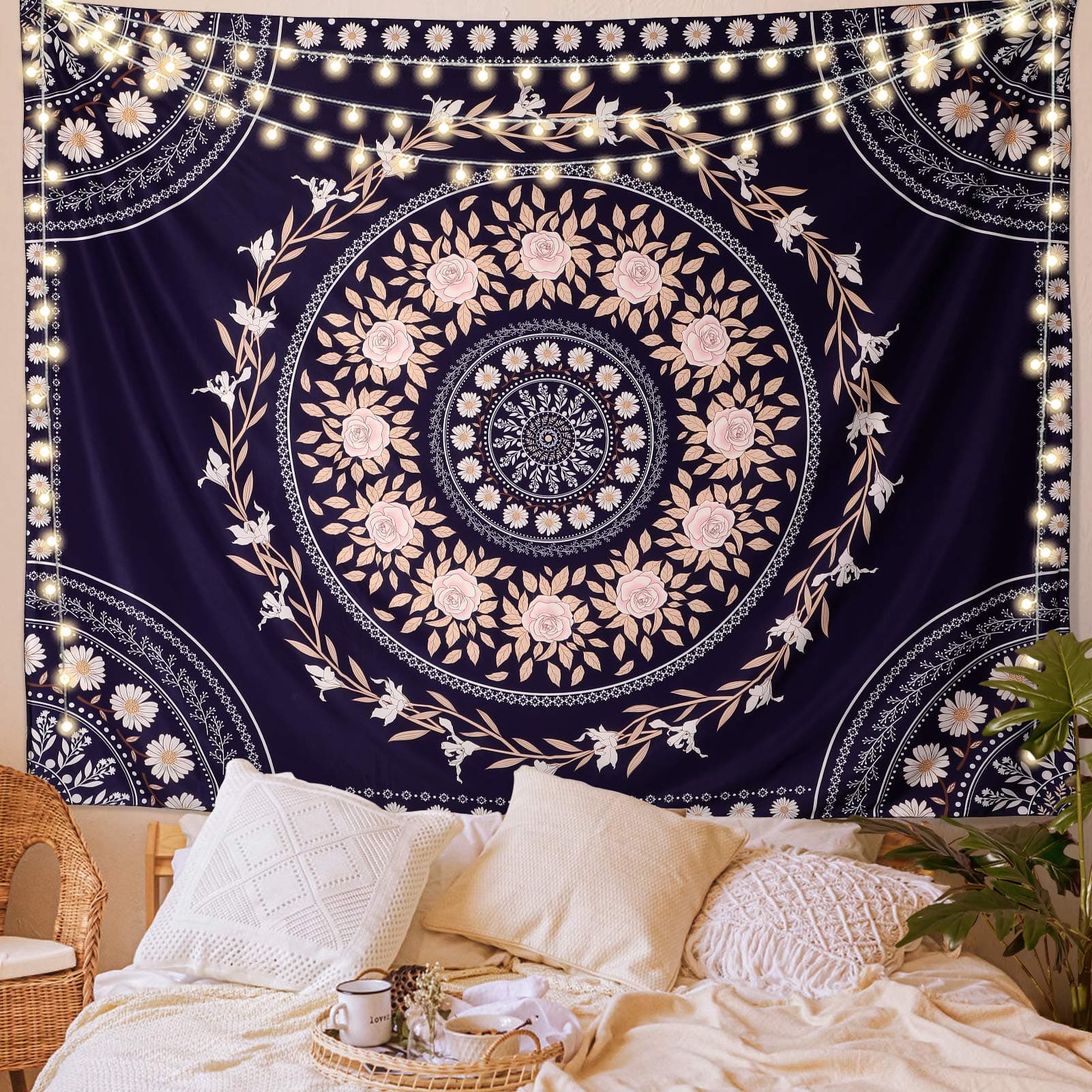 FLY SPRAY Mandala Tapestry Aesthetic,Boho Tapestry Wall Hanging,Pink Floral Medallion Tapestries,Bohemian Wall Art Hippie Decor for Bedroom Living Room Dorm