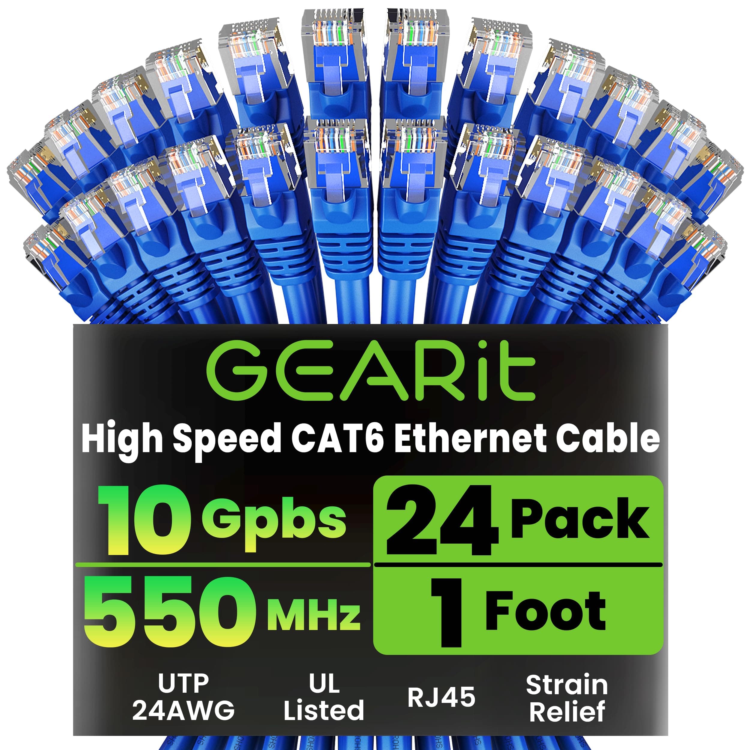 Cat 6 Ethernet Patch Cable 1 ft Blue (24-Pack Cat6 Ethernet Patch Cables 1ft), Cat 6 High Speed 24AWG 10Gbps RJ45 Snagless Gold-Plated, Ethernet Cable for Router, Switch, PC, PS5 Gaming, Server