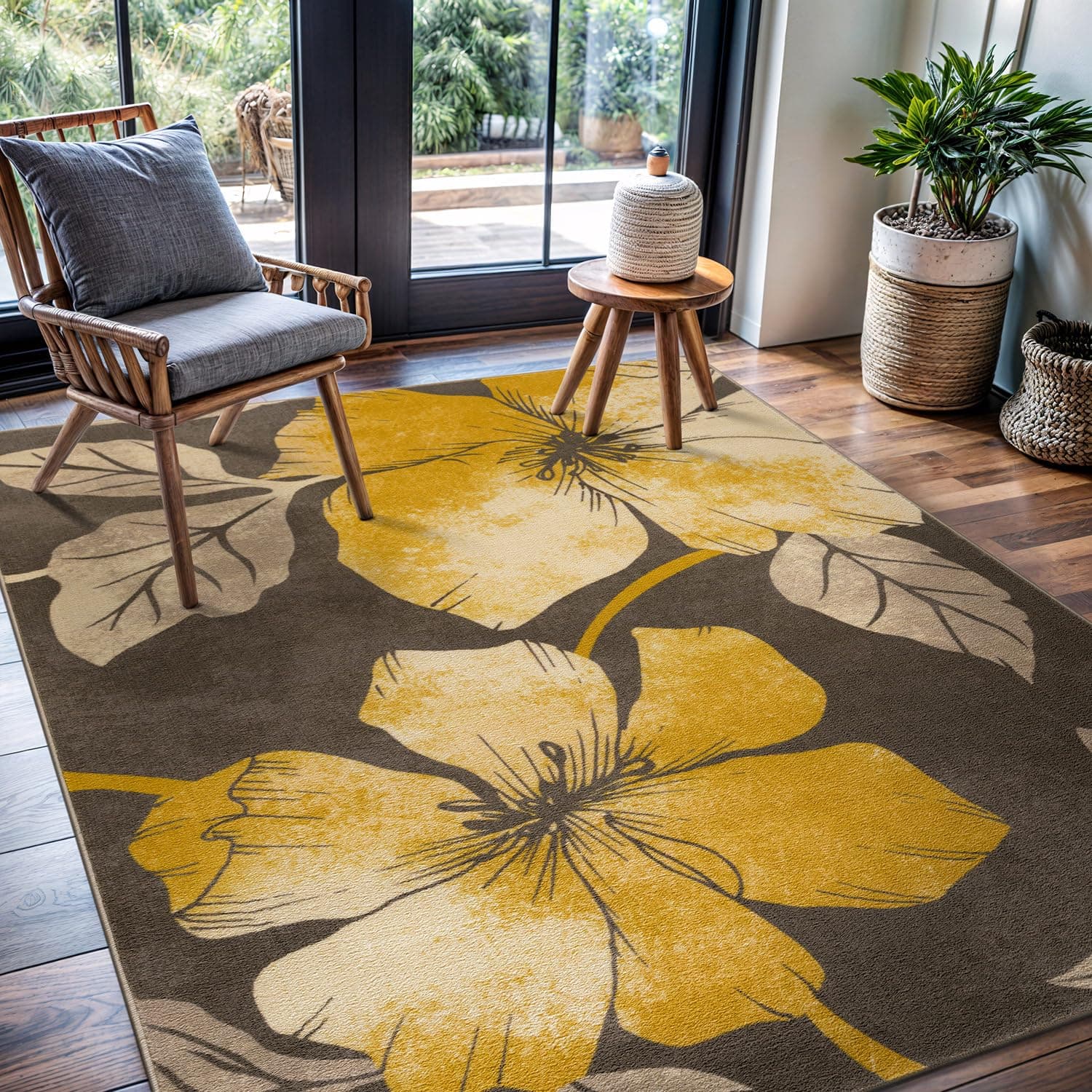 Solana Modern Floral 5x7 Area Rugs Non-Skid (Non-Slip) Rubber Backing Yellow - Brown Flowers Indoor Rug (5 x 7, Yellow Brown)