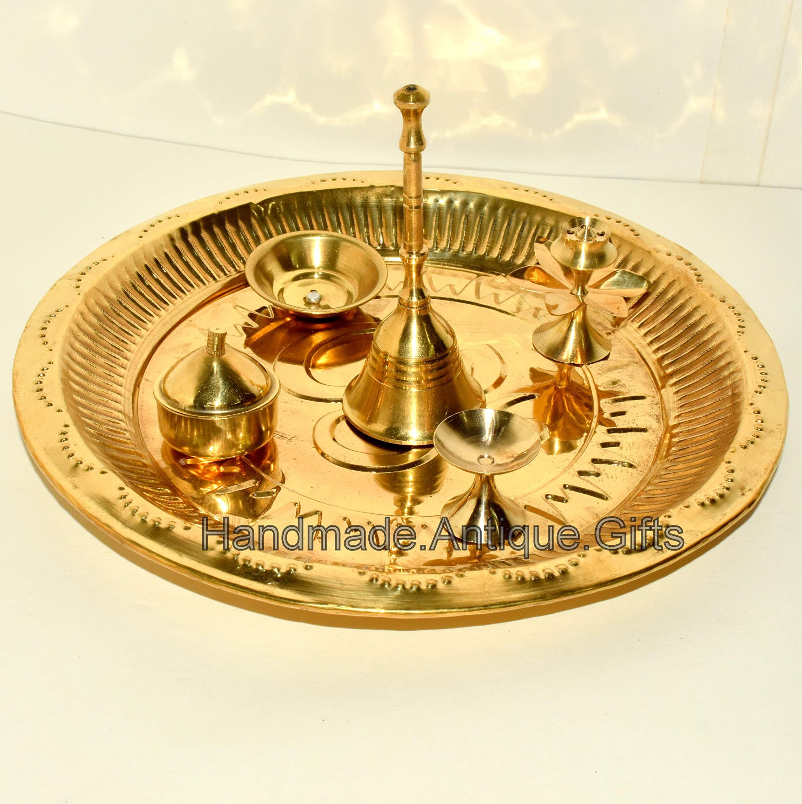 Hindu Puja Brass Thali Om Plate Prayer Bell Ghanti Bowl Diya Deep Pooja Aarti