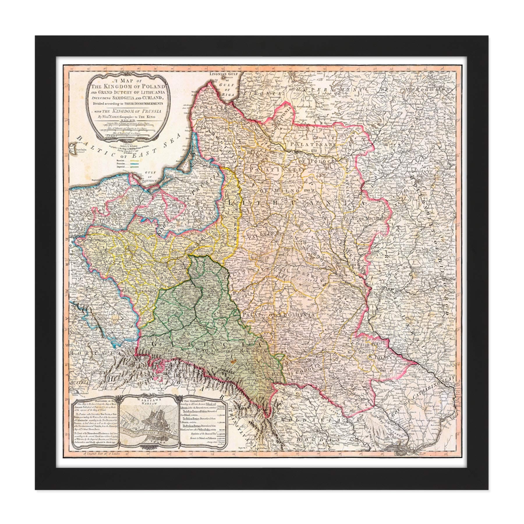 Map 1799 Faden Kingdom Poland Duchy Lithuania Square Wooden Framed Wall Art Print Picture 16X16 Inch