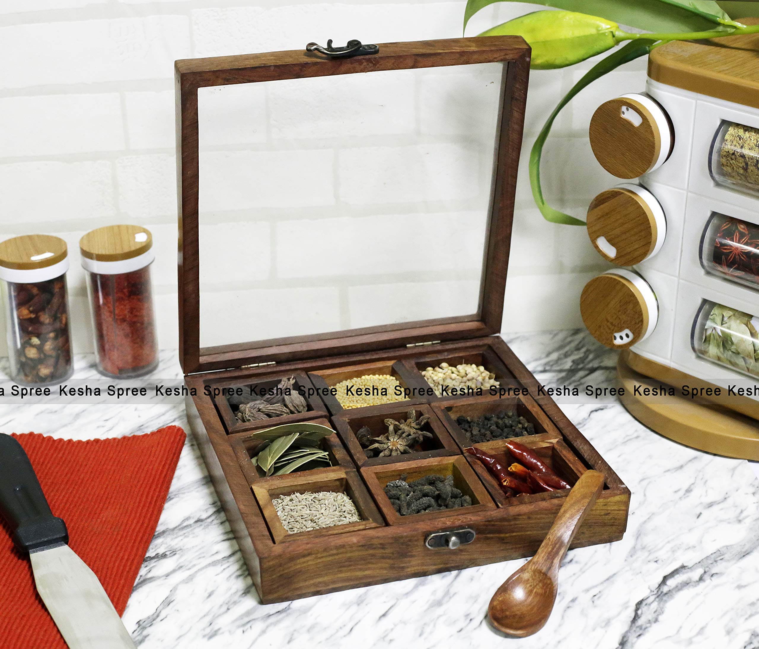Kesha Crafts Spree ® Sheesham Wood Multiutility Spice, Masala, Jewellery Box with Fiber Top (8x8 Inches, Bowl Capacity-50-75 gm Each).