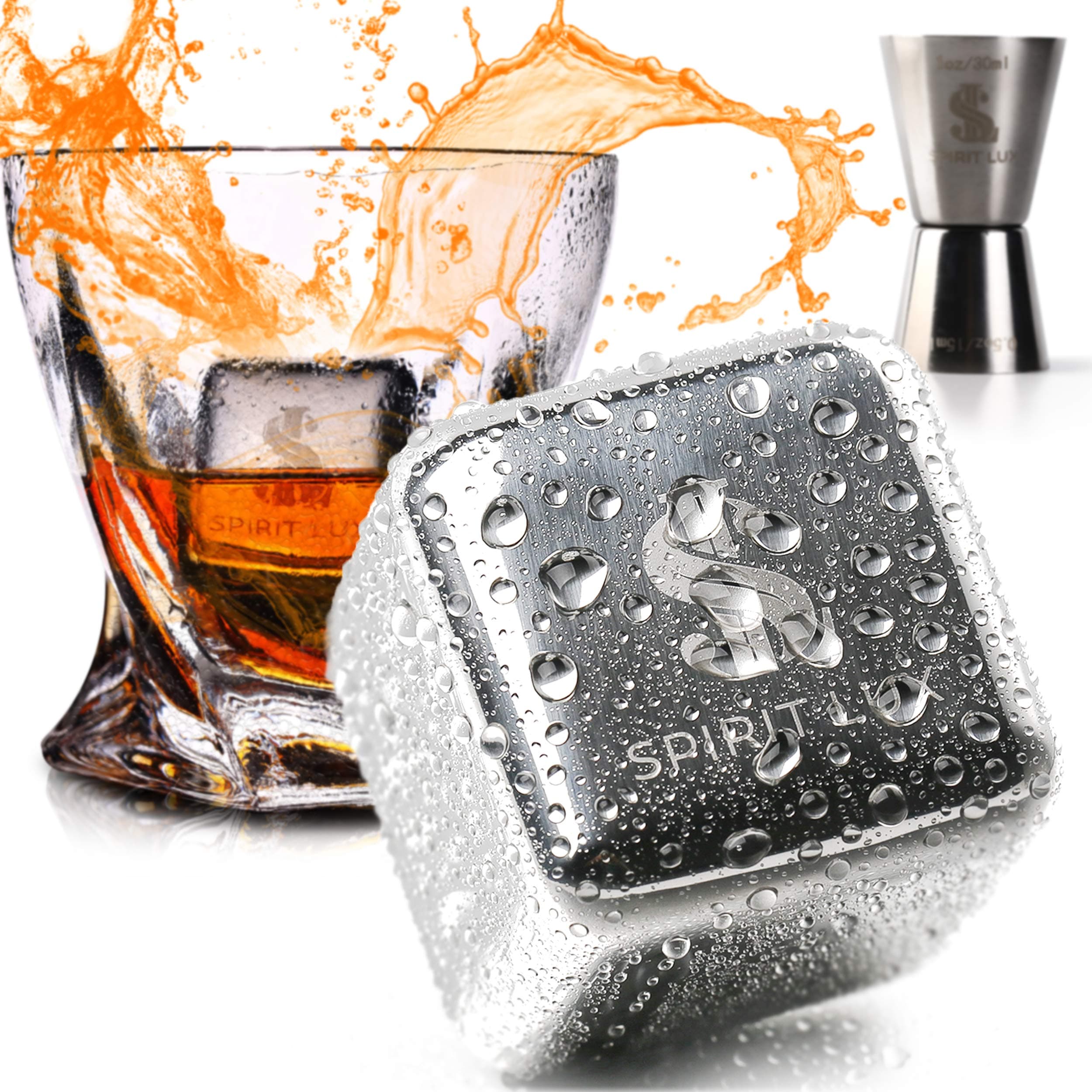 King-Sized Premium Whiskey Stones Stainless Steel Gift Set-Bourbon, Scotch Reusable Metal Ice Cubes -Whiskey Rocks Chilling Stones 1.5" extra large + Cork Coasters for drink by Spirit Lux