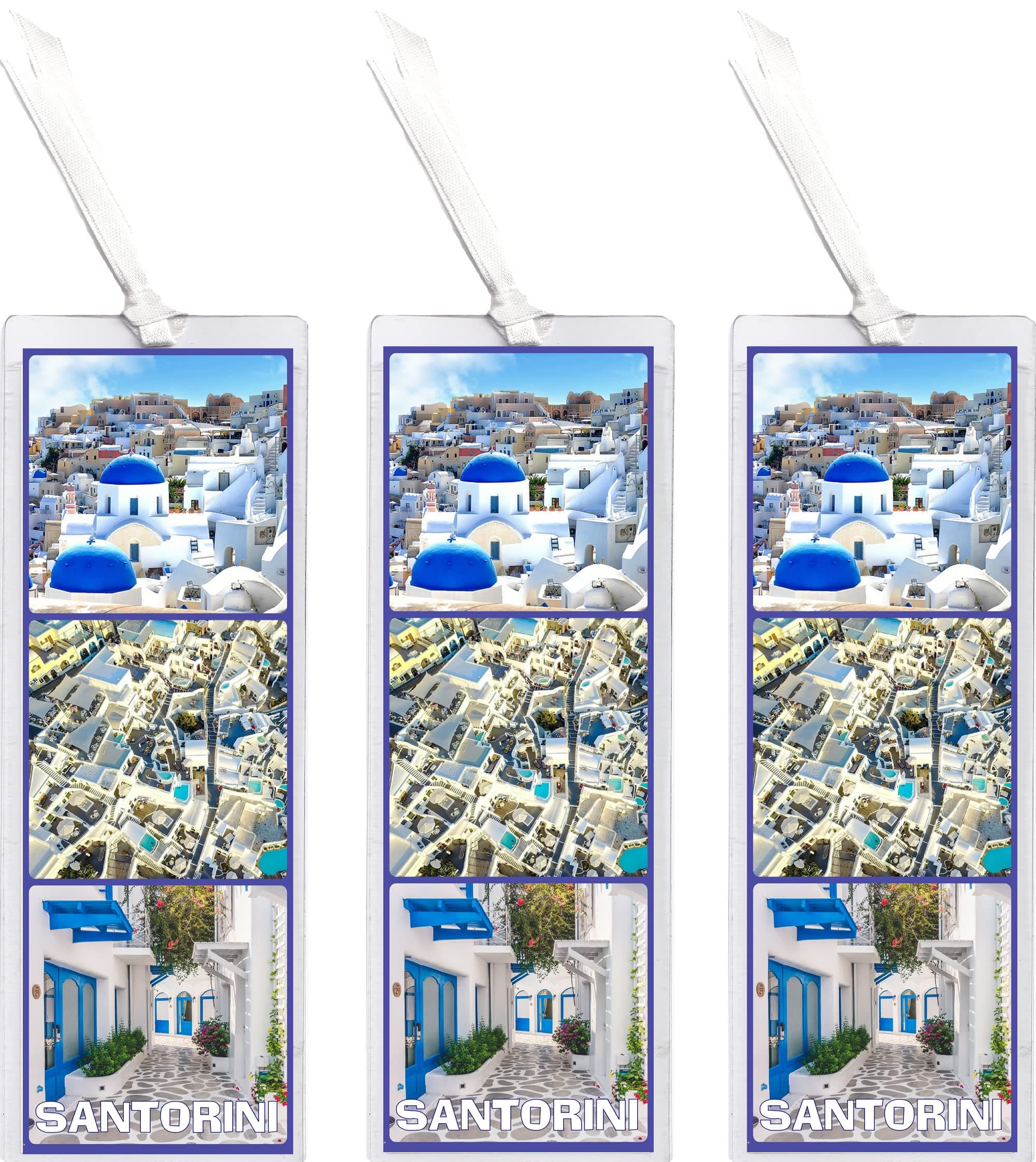 3 x Santorini - Greece - Bookmark 155 X 55 mm Laminated Wth Tasel