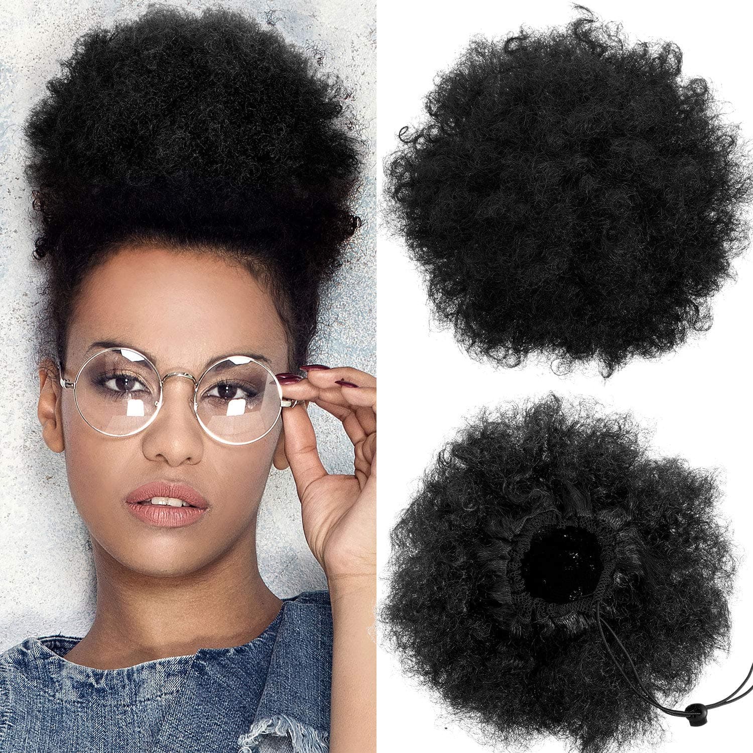 WILLBOND 2 Pieces Afro Puff Drawstring Ponytail for Women Synthetic Short Curly Hair Afro Bun Extension Chignon Hairpieces Wig Updo Hair Extensions(Black)