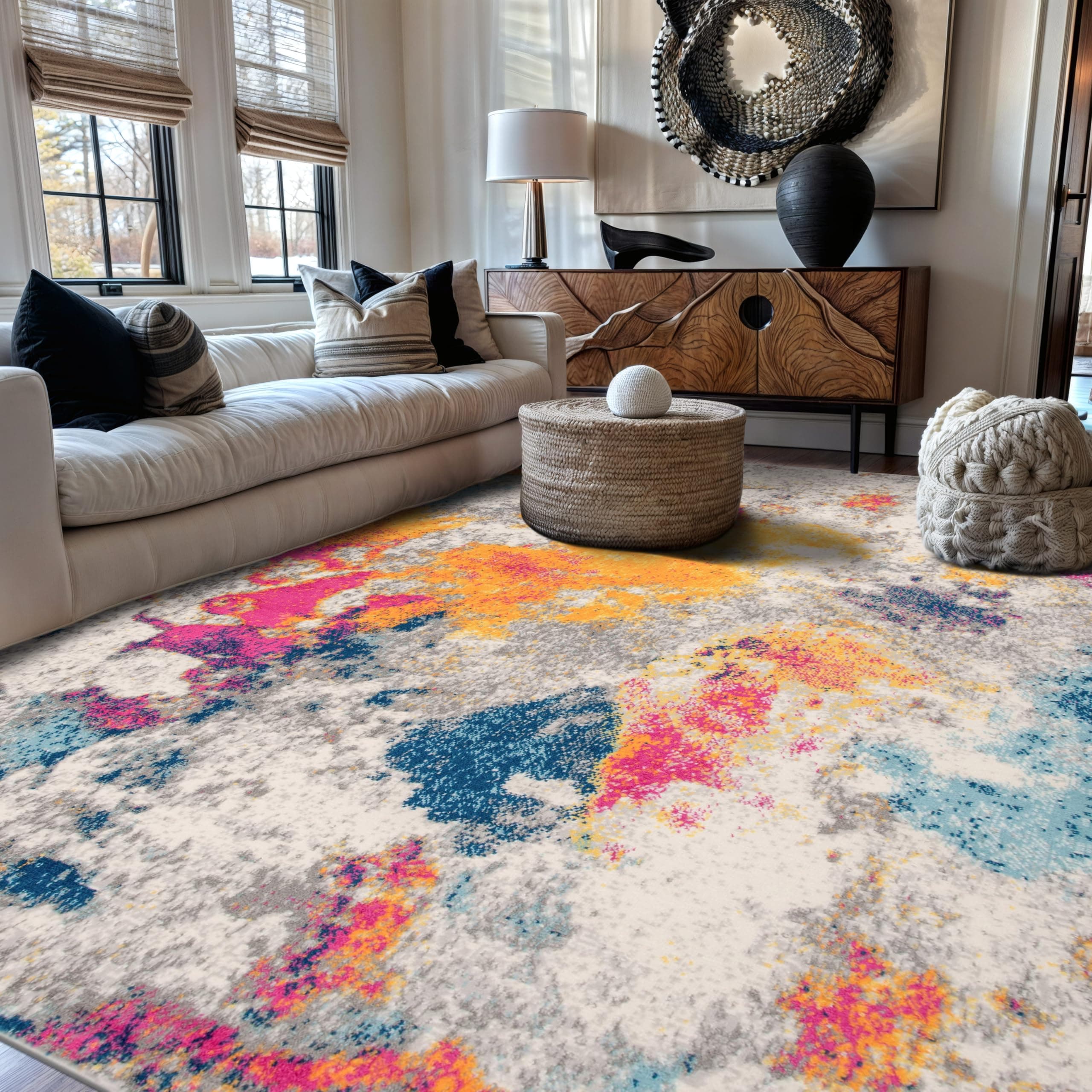Rugshop Distressed Abstract Watercolor Area Rug, Expertly Woven in Turkey, Fa...