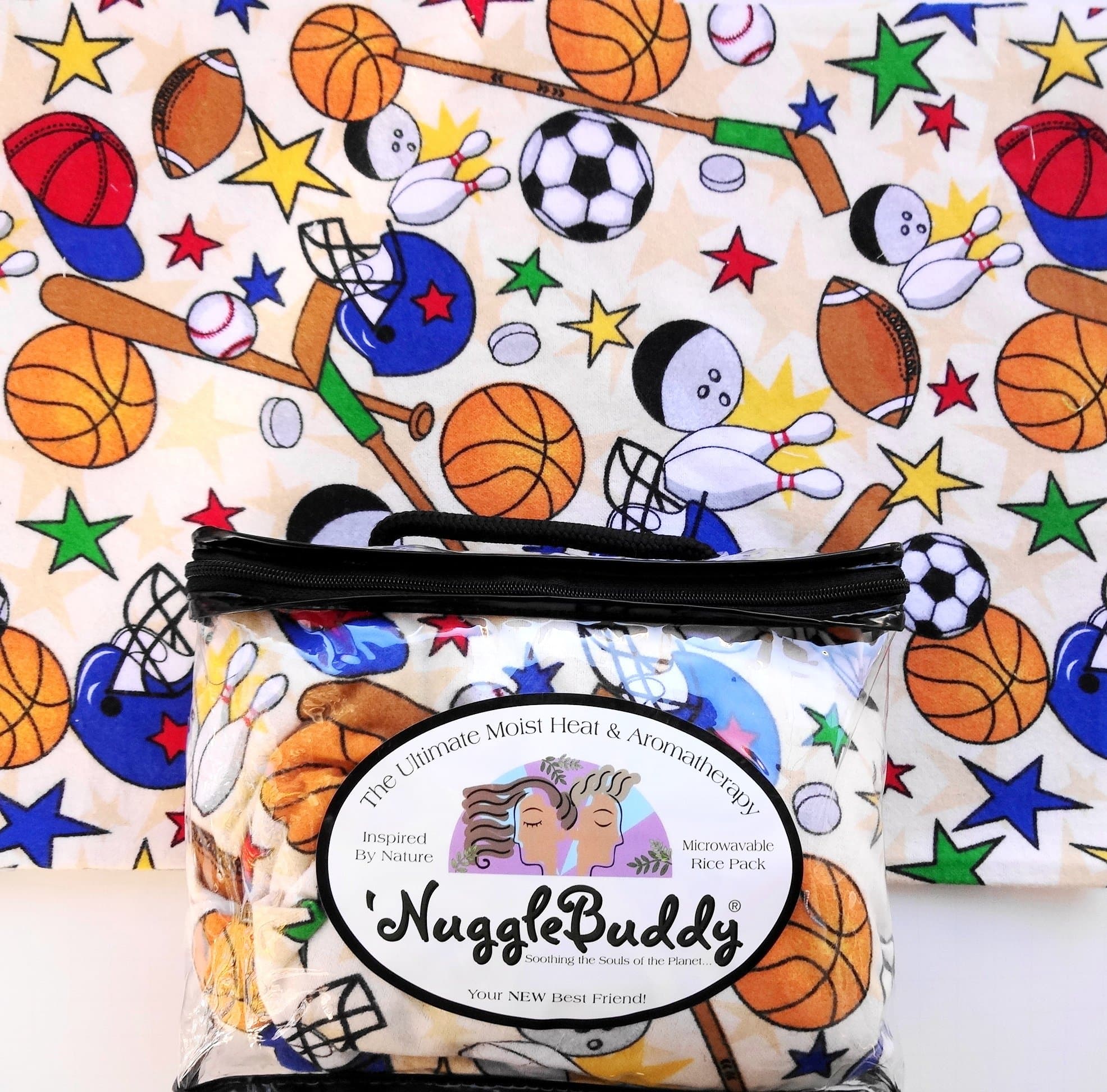 'NUGGLEBUDDY Microwavable Moist Heat & Aromatherapy Organic Rice Pack for Sports Lovers. SPORTS with SPEARMINT EUCALYPTUS Aromatherapy.