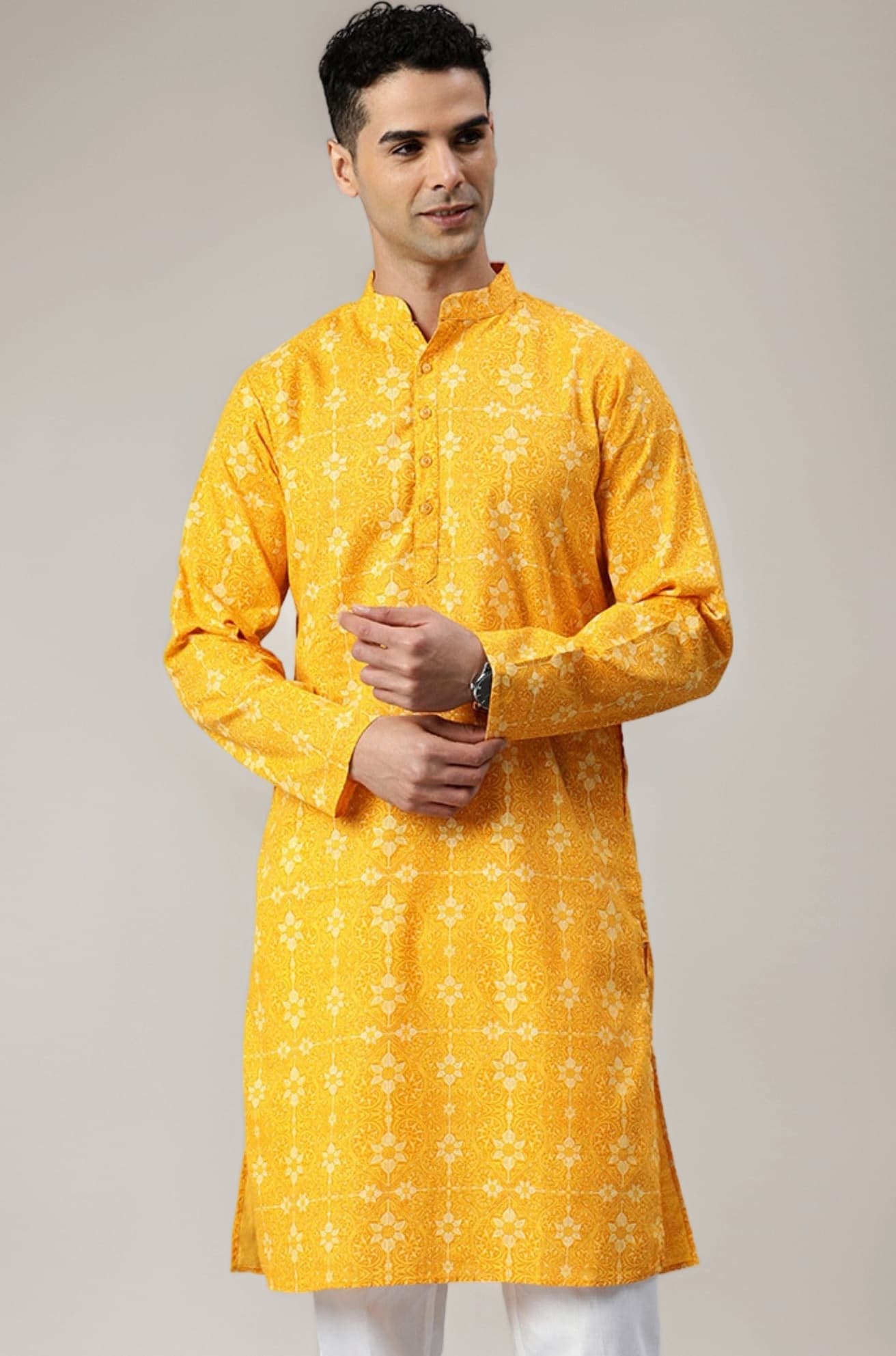 Men's Cotton Regular Fit Casual Mandarin Collar Ethnic Motifs Printed Long Regular Kurta