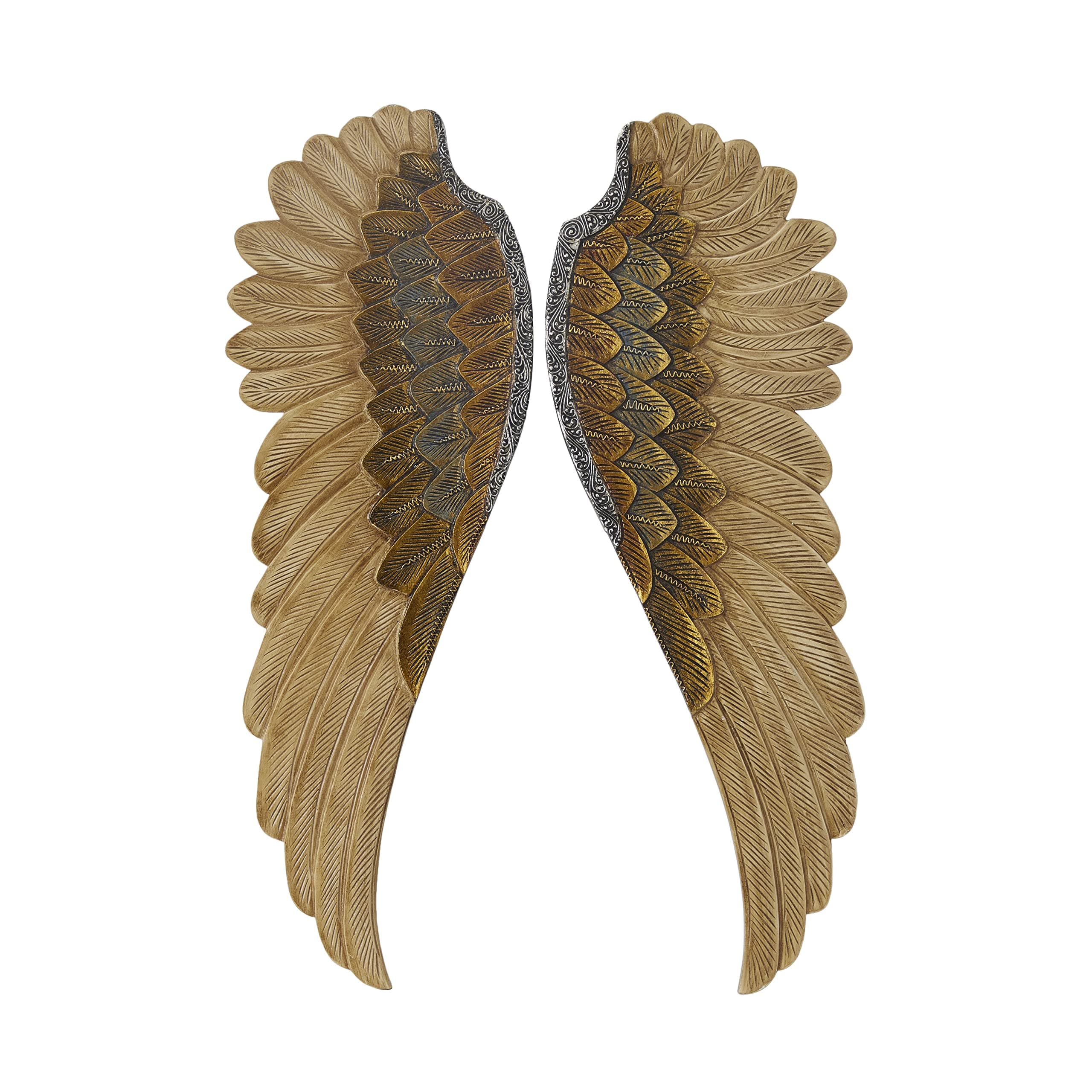 Deco 79 Wooden Bird Home Wall Decor Carved Angel Wings Wall Sculpture with Gold Accents, Set of 2 Wall Art 14" W, 39" H, Gold