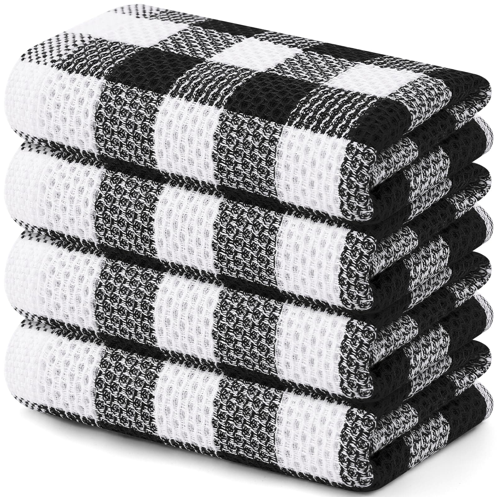 homing Buffalo Plaid Kitchen Towels Set, 4 Pack 100% Cotton Waffle Weave Dish Towels for Kitchen, Super Soft Absorbent Kitchen Hand Dish Cloths for Drying and Cleaning(13" x 28", Black & White)