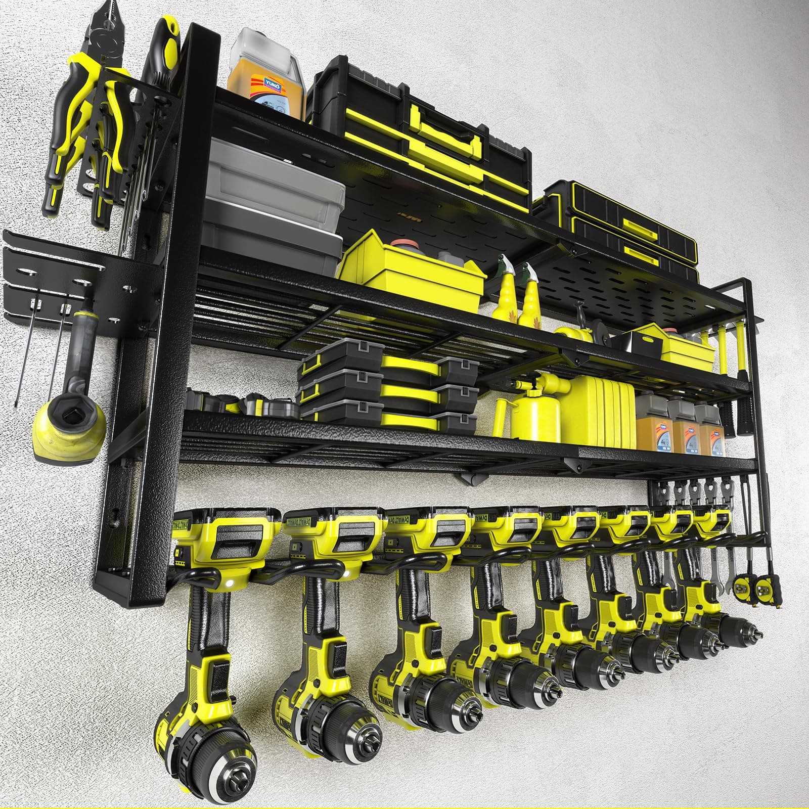 KAFAHOM Power Tool Organizer-8 Drill Holder Wall Mount，Tool Organizer and Storage rack for Garage Organization， Heavy Duty Metal Tool Shelf with Air tool/Screwdriver/Hammer/Plier Holder