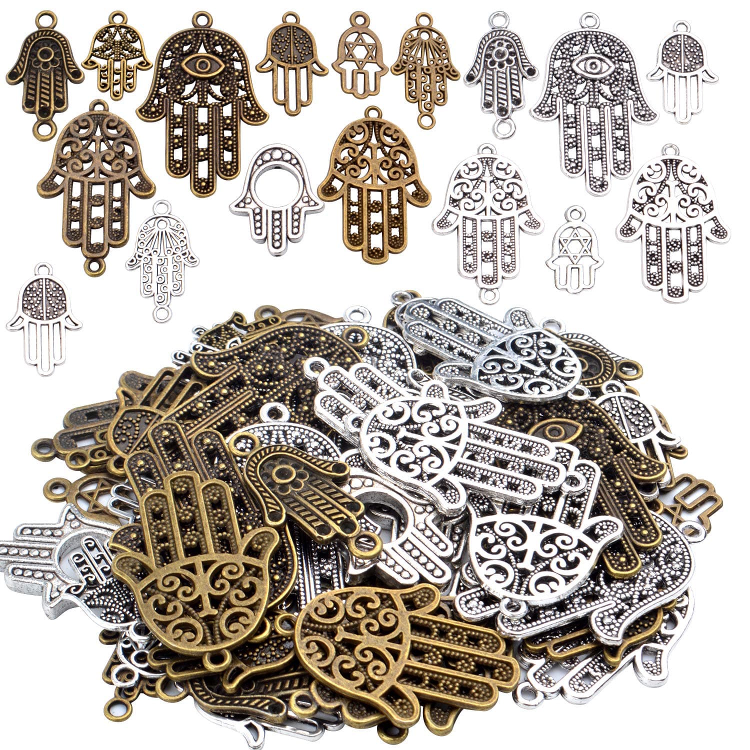 Aylifu Hamsa Hand Charms, 120g(About 51 Pieces) Hand of Fatima Symbol Charms Pendants Hamsa Hand Beads for Jewelry Making Findings DIY Necklace Bracelet - 17 Styles