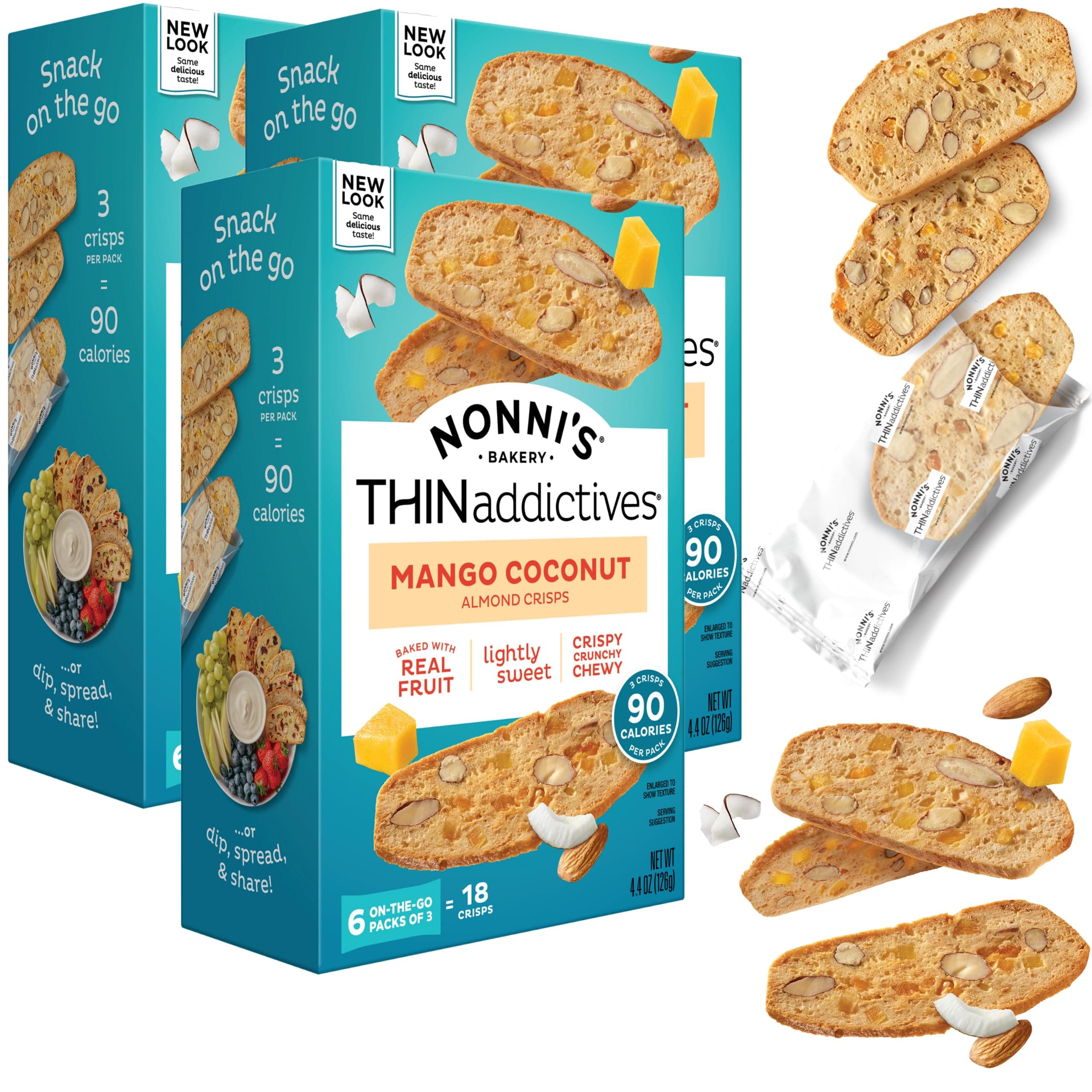 THINaddictives Almond Thin Cookies - 3 Boxes Mango & Coconut Almond Cookies - Sweet Crunchy & Chewy Almond Cookie Thins - Biscotti Individually Wrapped Cookies - Kosher Coffee Cookies - 4.4 oz