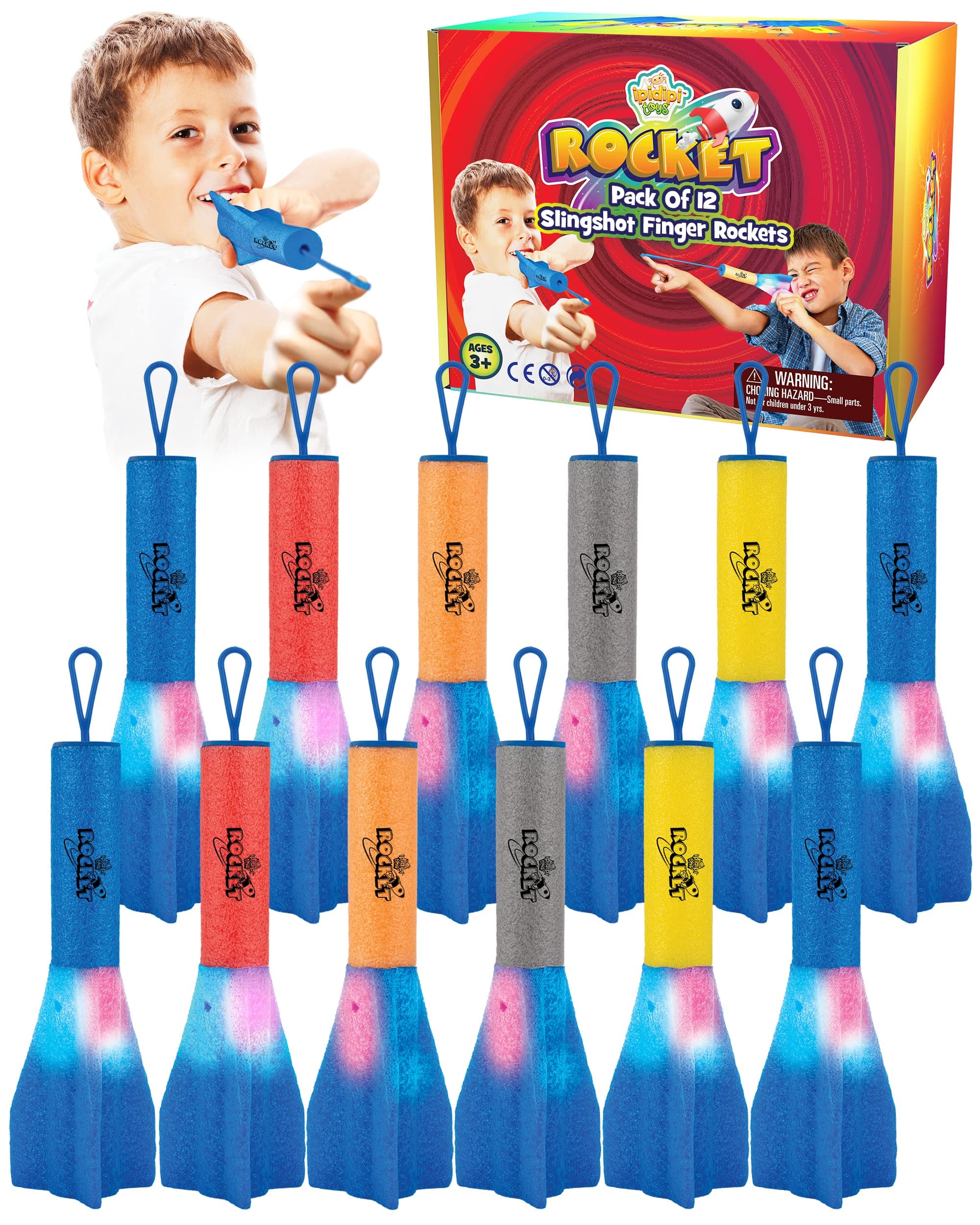 IPIDIPI TOYS Finger Rockets – Foam Rocket Launcher, Party Favors, High-Flying Air Rockets, Fun Gifts for Kids, Easter Basket Stuffers, Classroom Prizes, Assorted Colors, Pack of 12