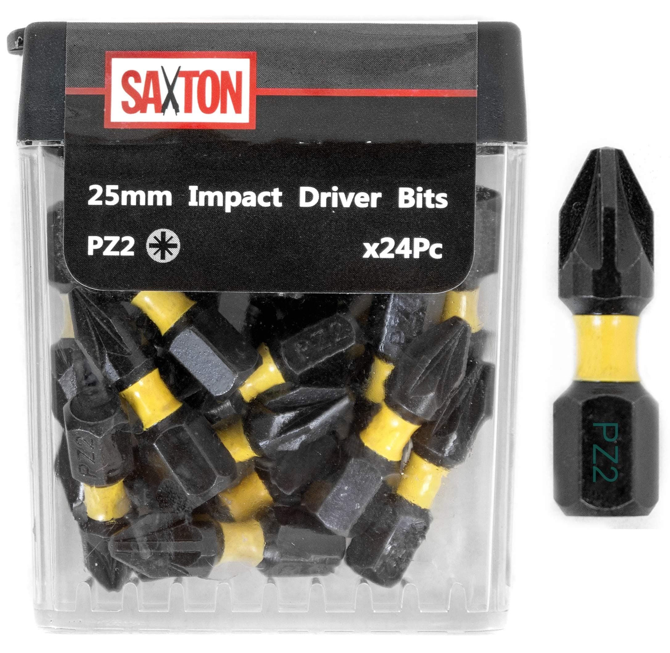 Saxton 24x PZ2-25mm Impact Duty Pozi-Drive Screwdriver Drill Driver Bits Sets Tic Tac Box Compatible with Dewalt Milwaukee Bosch