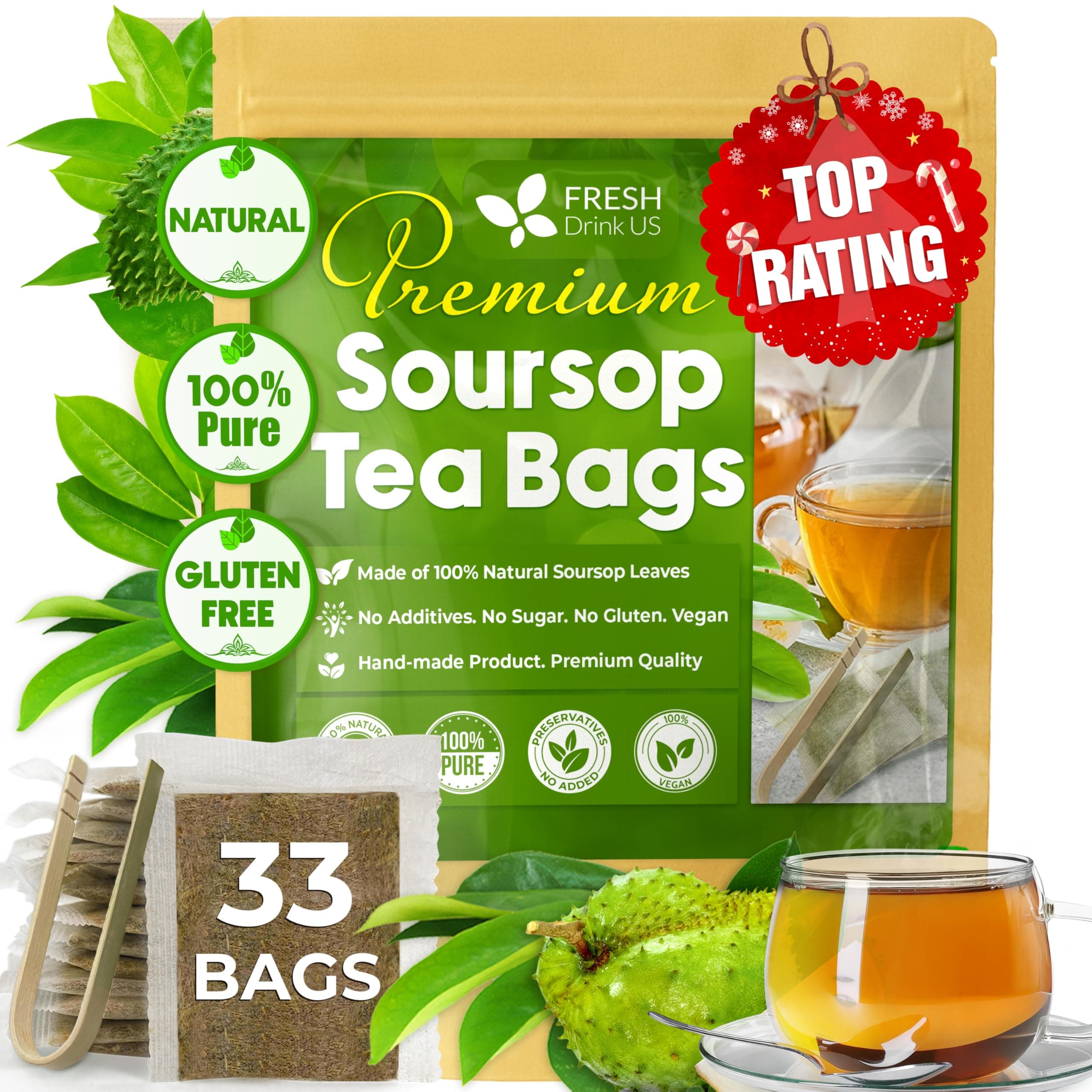 FreshDrinkUS, Premium 33 Soursop Graviola Leaf Tea Bags, 100% Natural & Pure from Soursop Leaves, Hoja Guanabana Herbal Tea. Made with Natural Material Tea Bags. No Sugar, No Caffeine, Vegan.