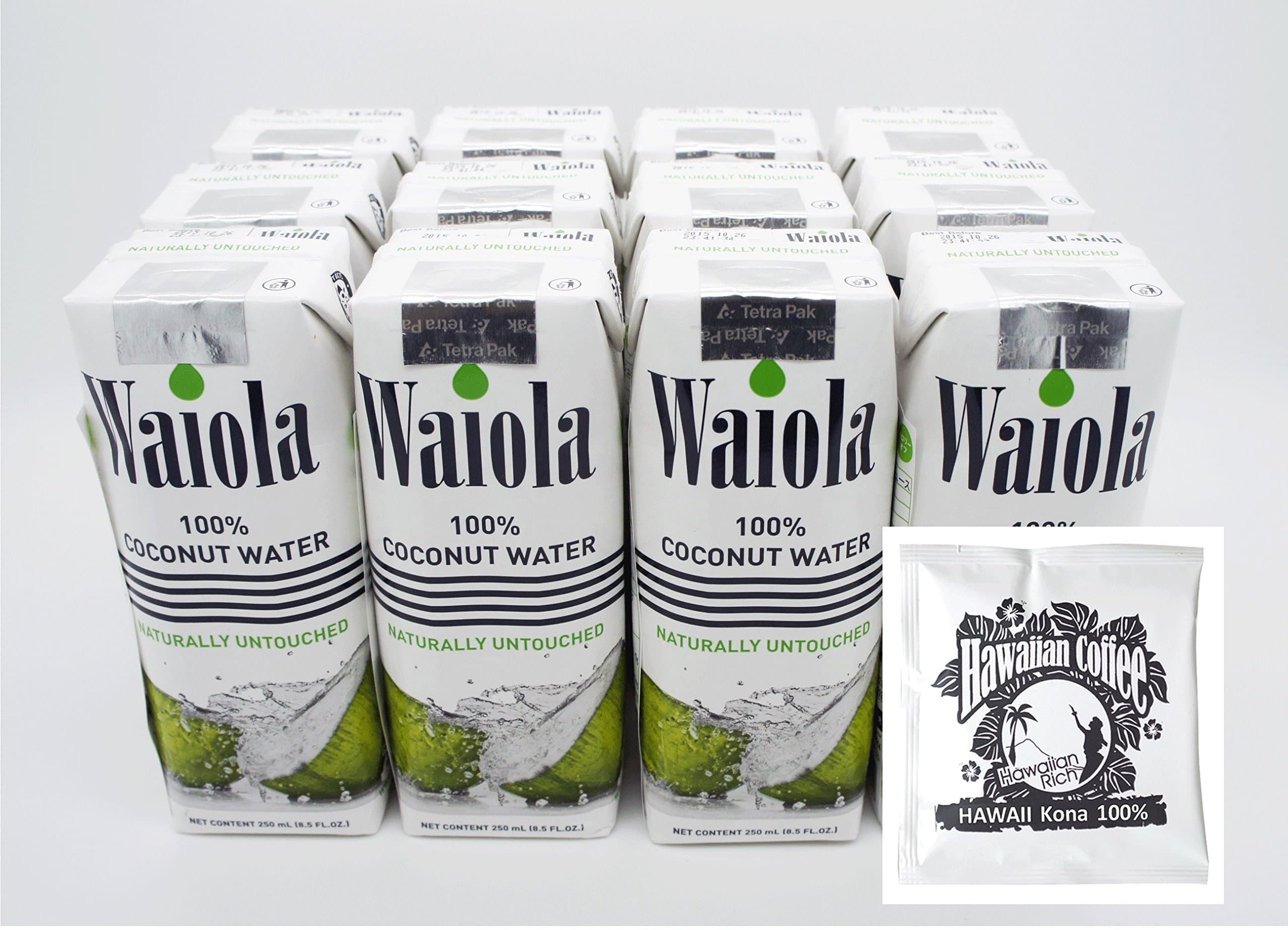 Waiola Waiora 100% Natural Coconut Water & Hawaikona 100% drip coffee 100% natural, zero fat, preservatives none, low calorie! Tetra packs 12 / Case sale
