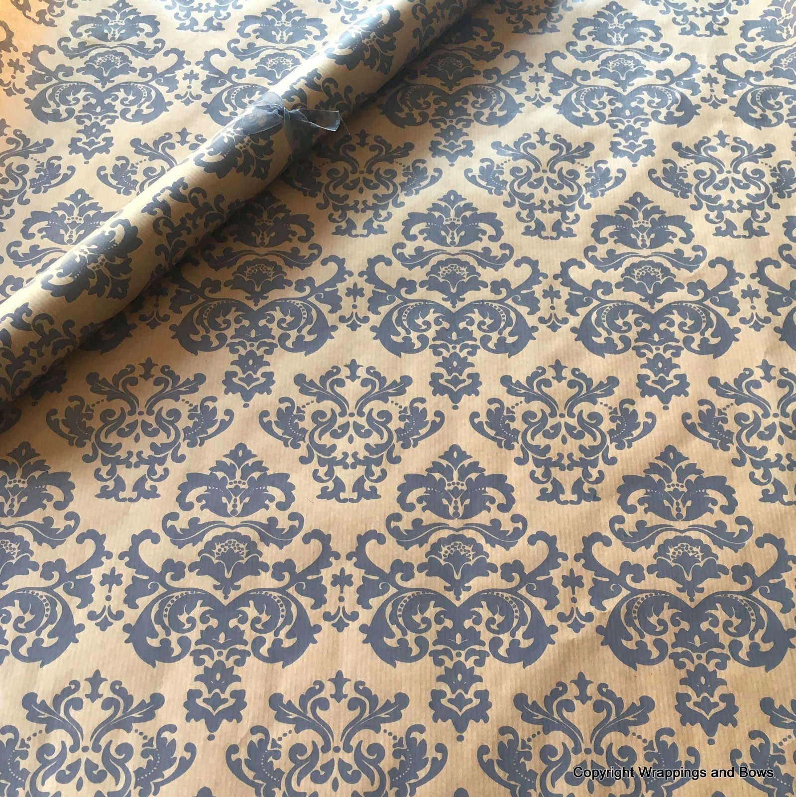 Natural Kraft Patterned Brown Gift Wrapping Paper - Grey Baroque - 50cm wide (2 metres (folded sheet))