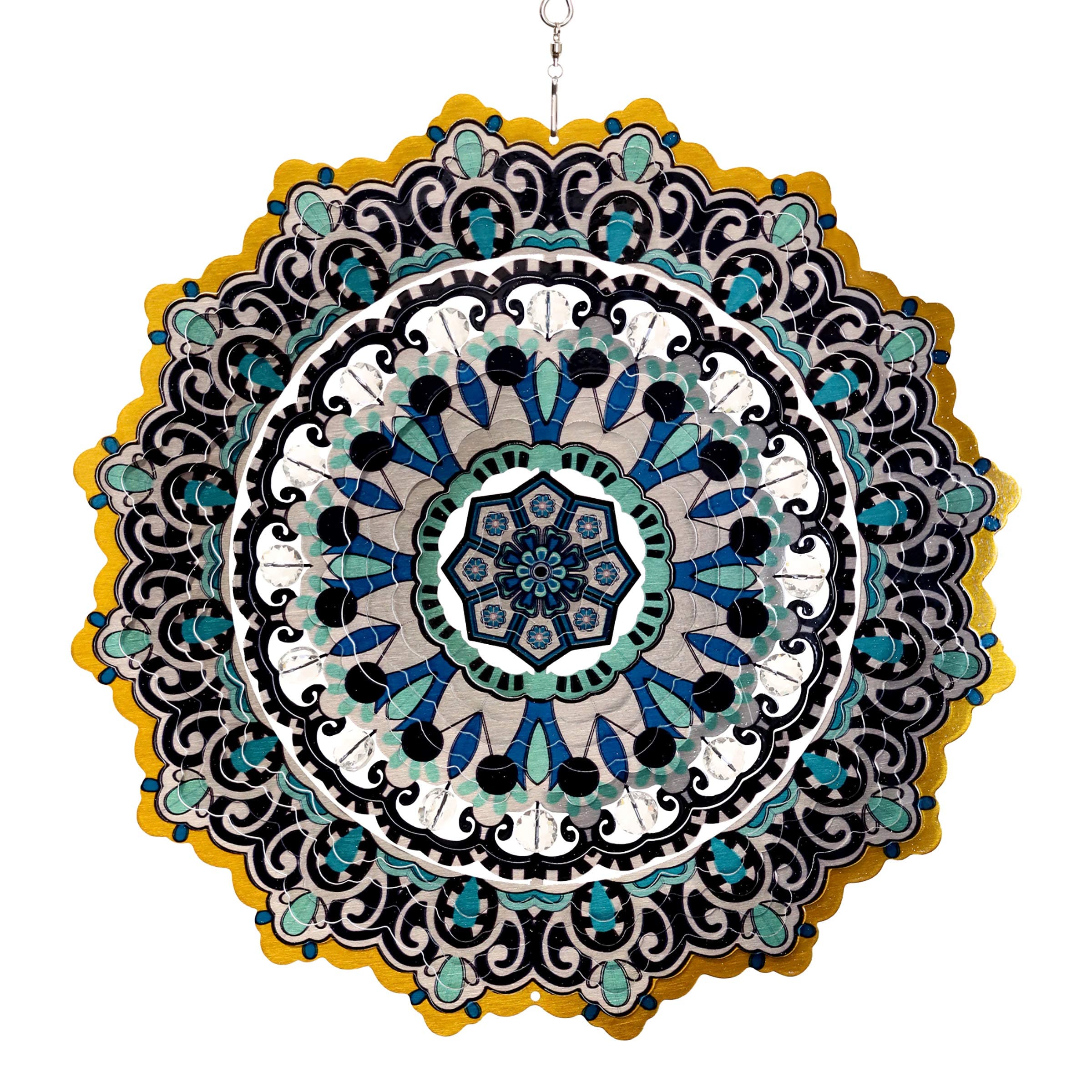 Exhart Wind Spinner, Blue and Black Mandala Hanging Wind Sculpture, 3D Laser Cut Patterns with Bead Details, Metal Outdoor Garden Decoration, Multicolor Lawn and Yard Art, 12 Inch