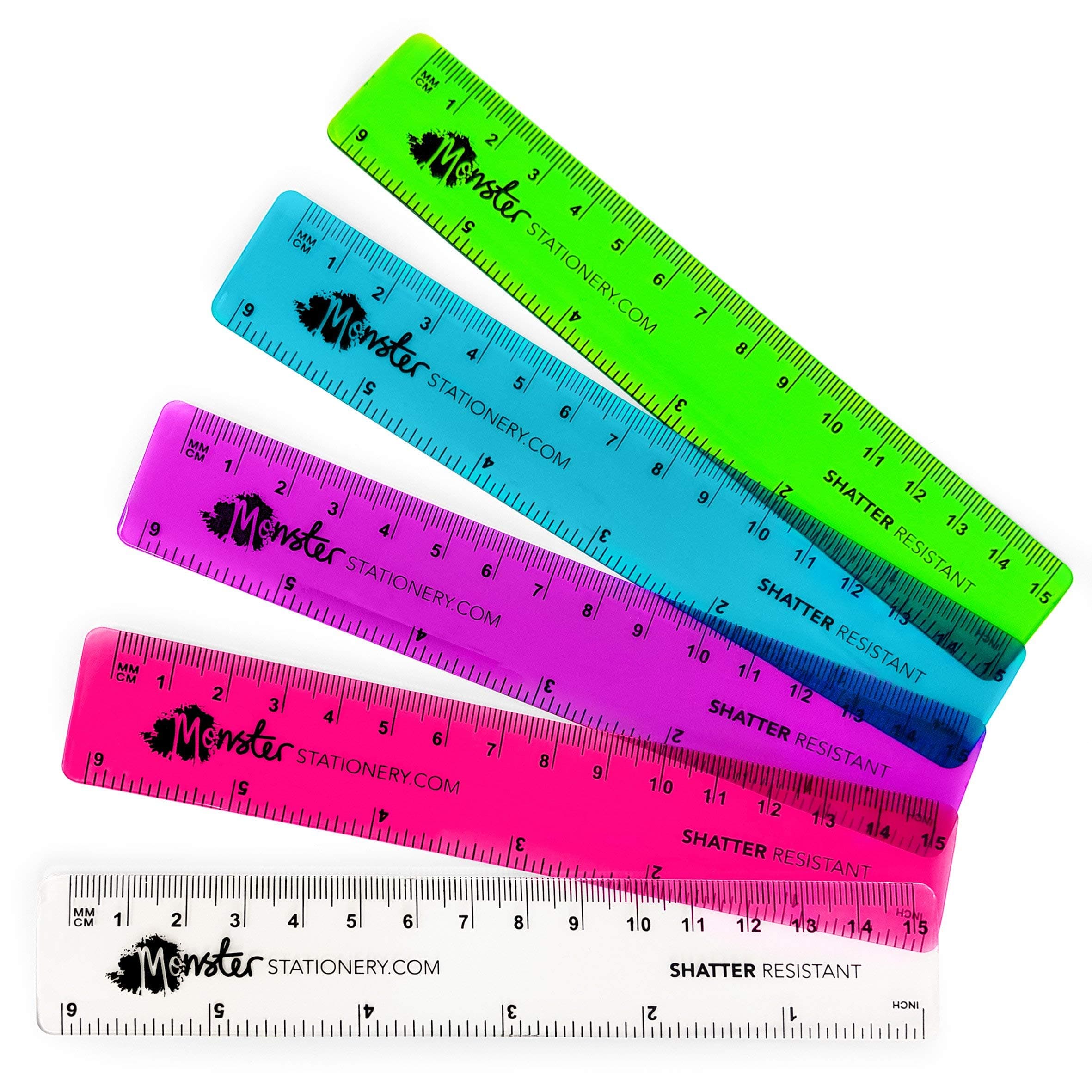 Ashton and Wright Monster Stationery - 6 Inch / 15cm Transparent Coloured Rulers - Shatter Resistant - Pack of 5 - Mixed