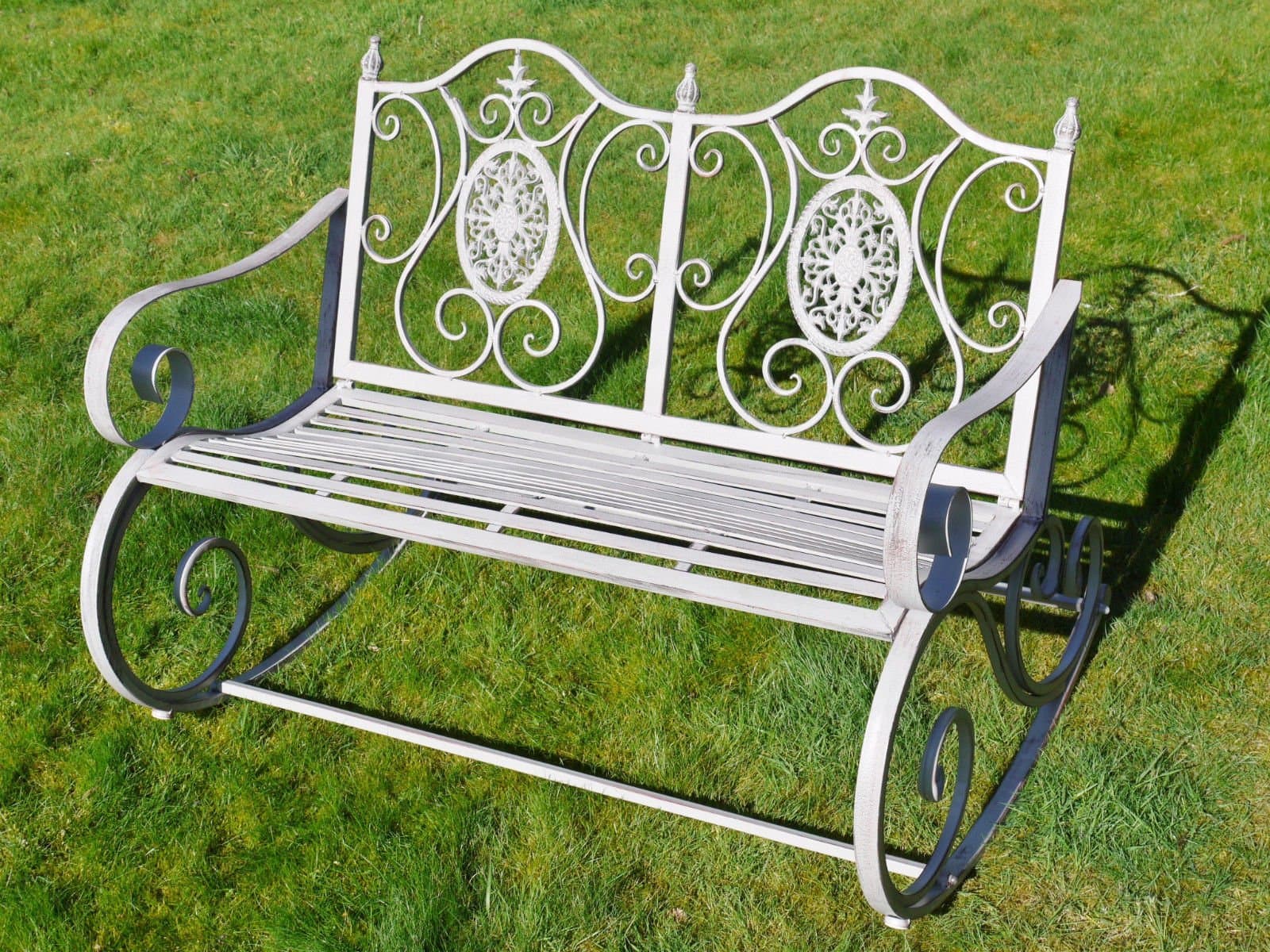 giftwarez Antique Grey Victorian Wrought Iron Metal Garden Patio Rocking Chair Bench Seat