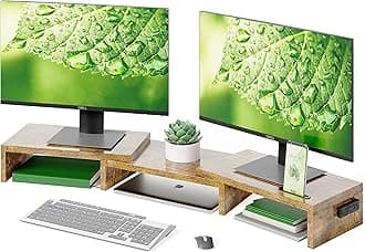 BONTEC Dual Monitor Stand Riser, Desktop Monitor Stand with Smartphone Holder, Adjustable Length & Swivel Angle Wooden Desktop Organizer Stand PC Riser for PC Monitor Laptop Printer, Rustic Brown