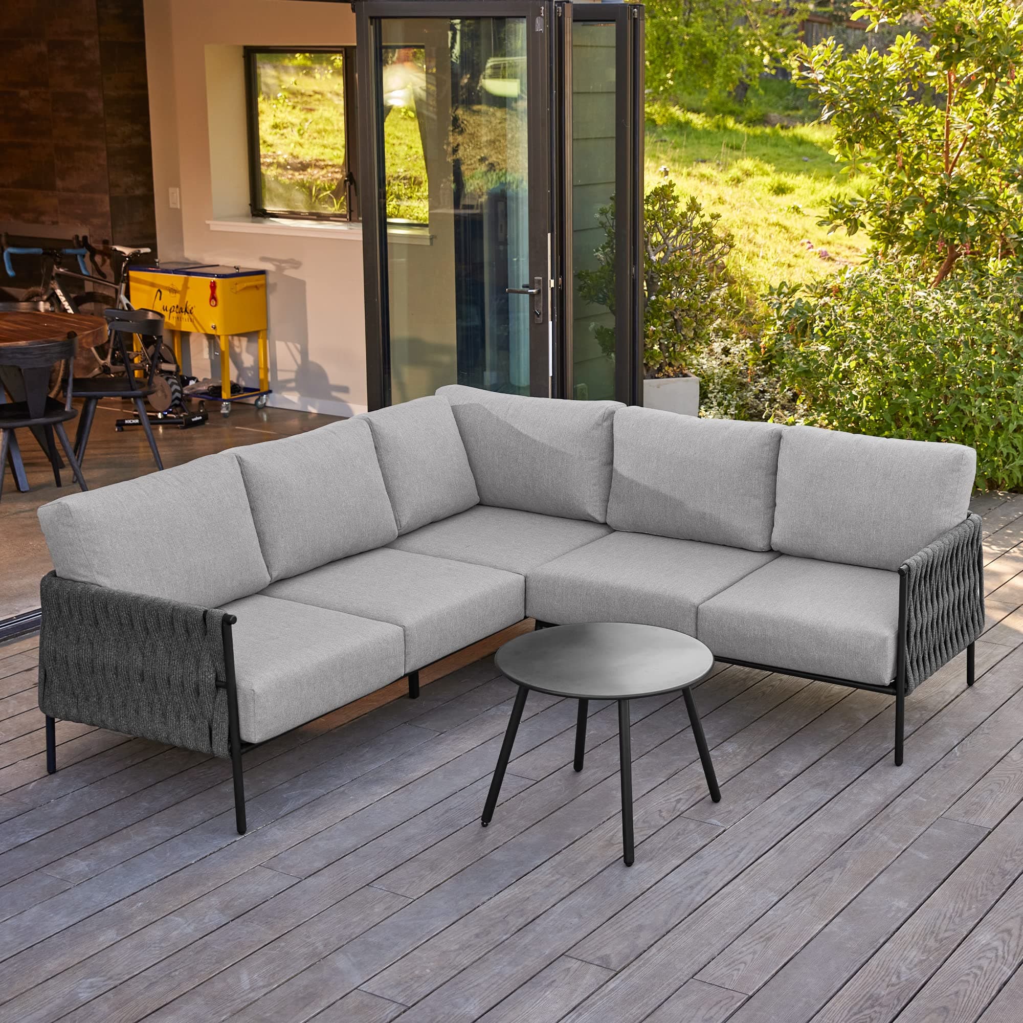 EAST OAK Life Chatter Outdoor Patio Furniture Set, L Shaped Corner Sofa Set with Round Coffee Table, 5 Seats Deep Seating with Thick Cushions, Black & Grey