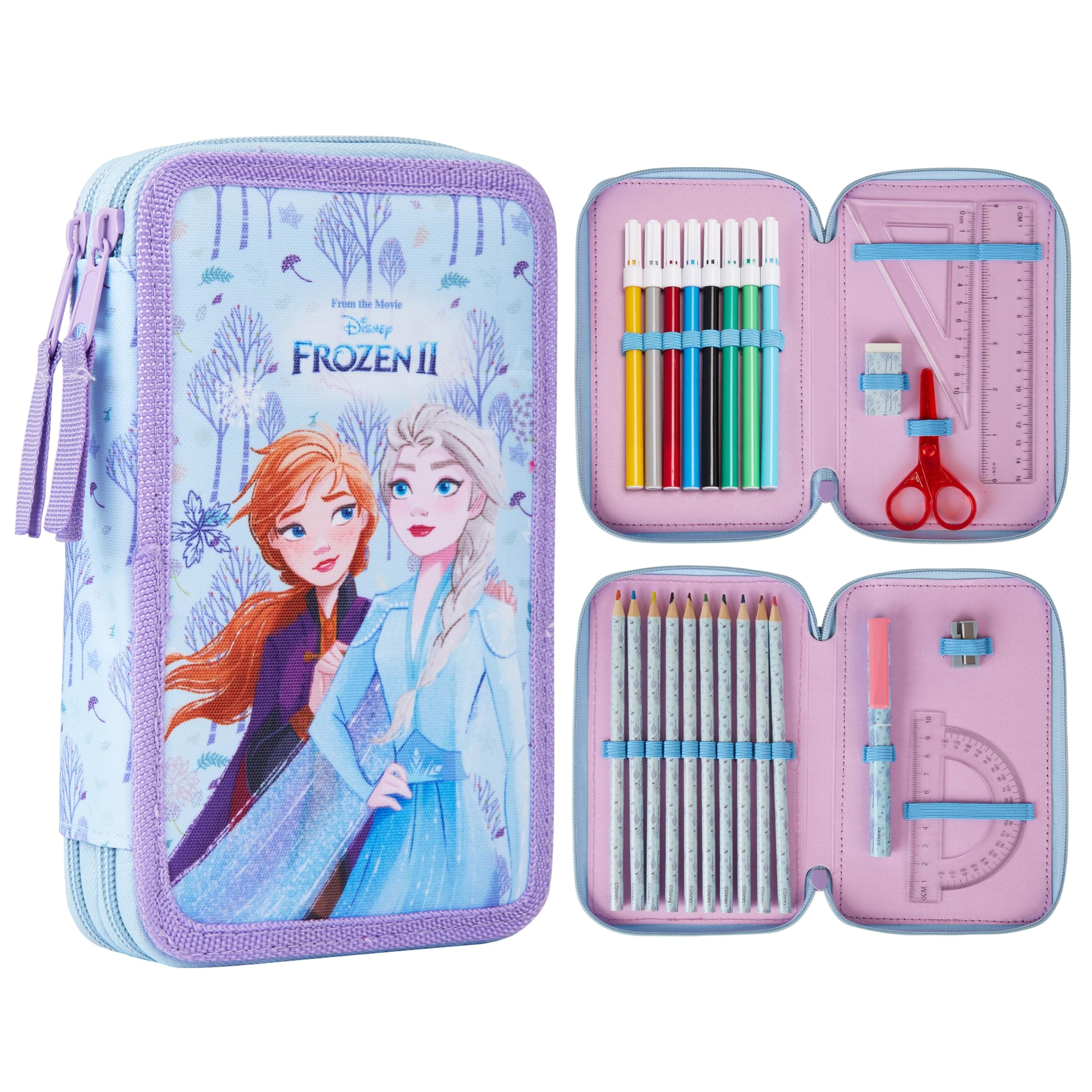 Disney Filled Art Case with Stationery, Art Supplies Coloring Pencils & Markers (Blue Frozen Double Zip)