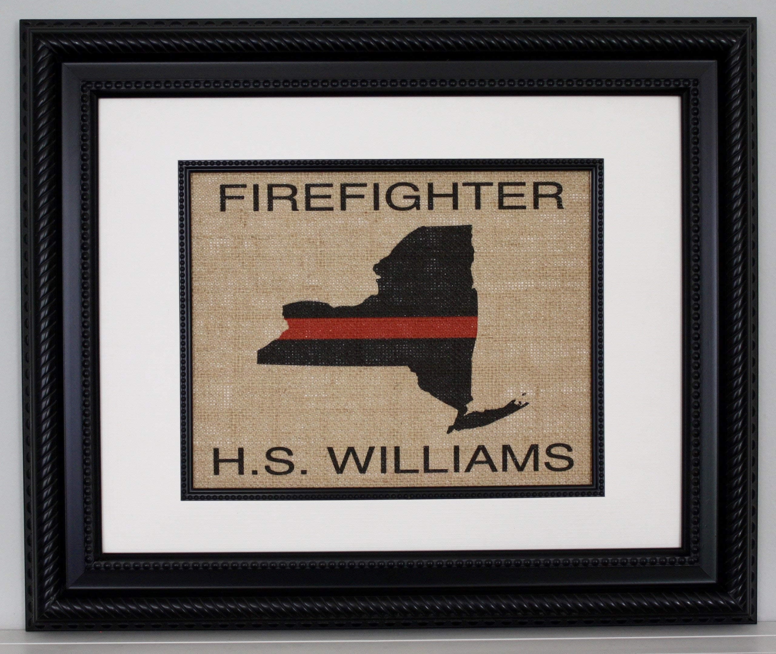 FIREFIGHTER Gift For Men Women Thin Red Line Flag across ANY US State - Personalized on Burlap for Home or Office - Retirement Graduation Promotion