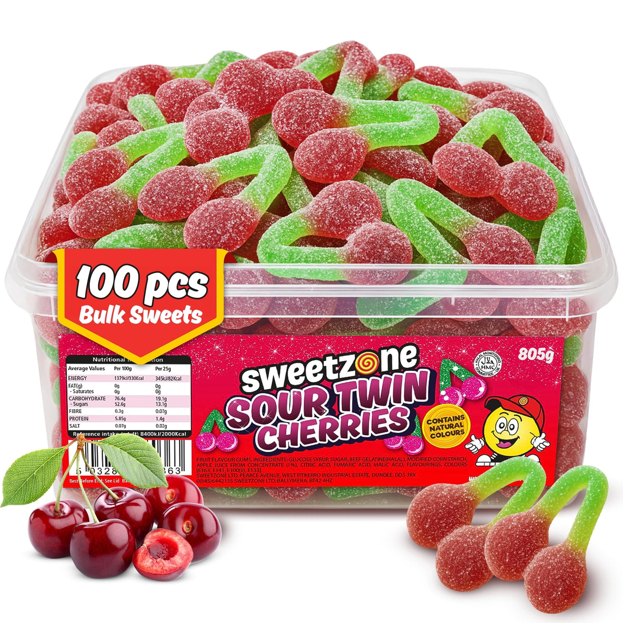 Sour Twin Cherries Sweet Tub, 100 Pcs, 800g, Halal Sweets, Sour Sweets, Gummy Candy, Jelly Candy, and Gummy Candy in Fun Tubs of Sweet, Fruit Flavour Gums for Everyone