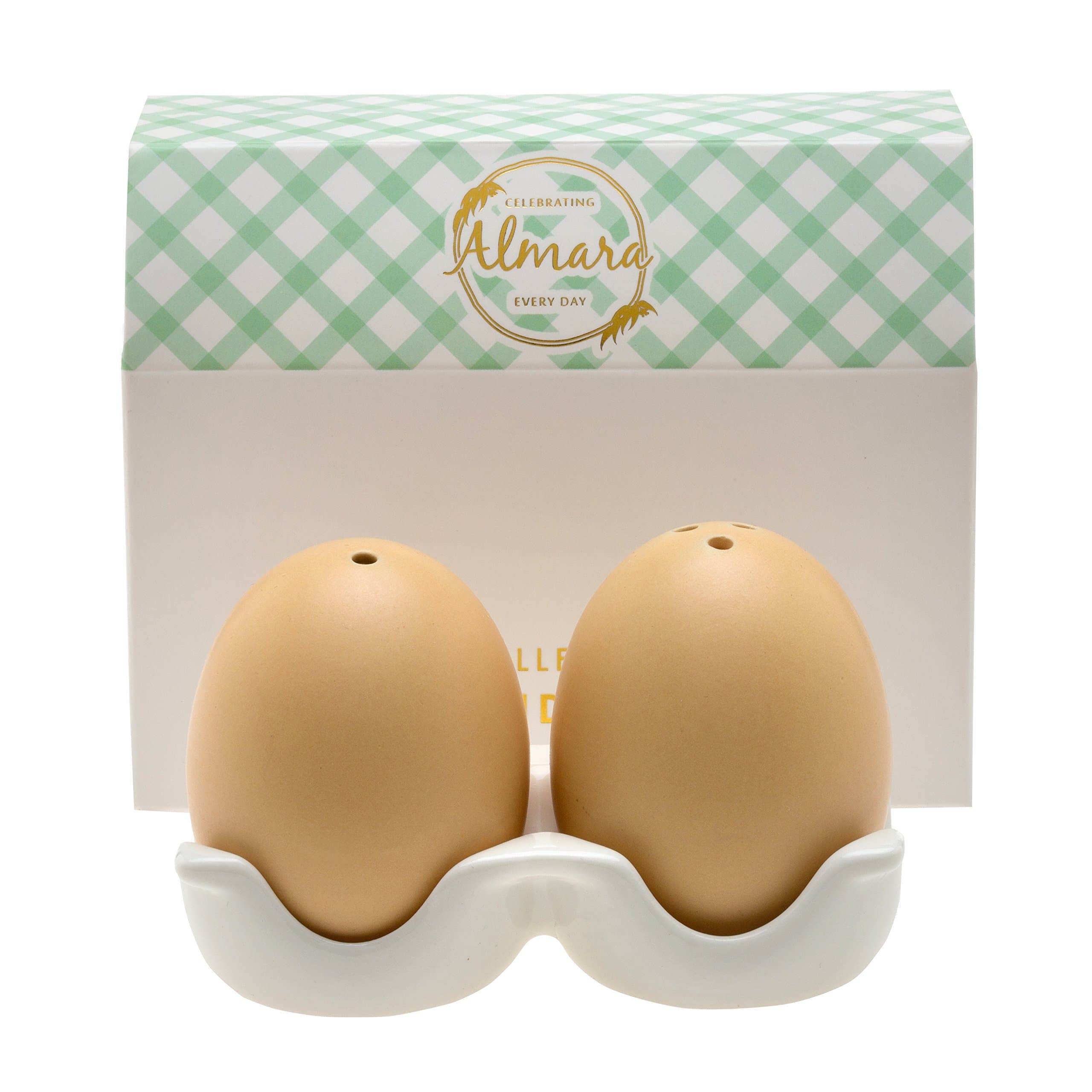Egg Shaped Salt and Pepper Shakers by Almara Range - Novelty Gloss Ceramic Shaker Set - Salt and Pepper Holders For Table, Baking, and Cooking - Cute, Fun Farmhouse Themed Kitchen Accessory and Gift