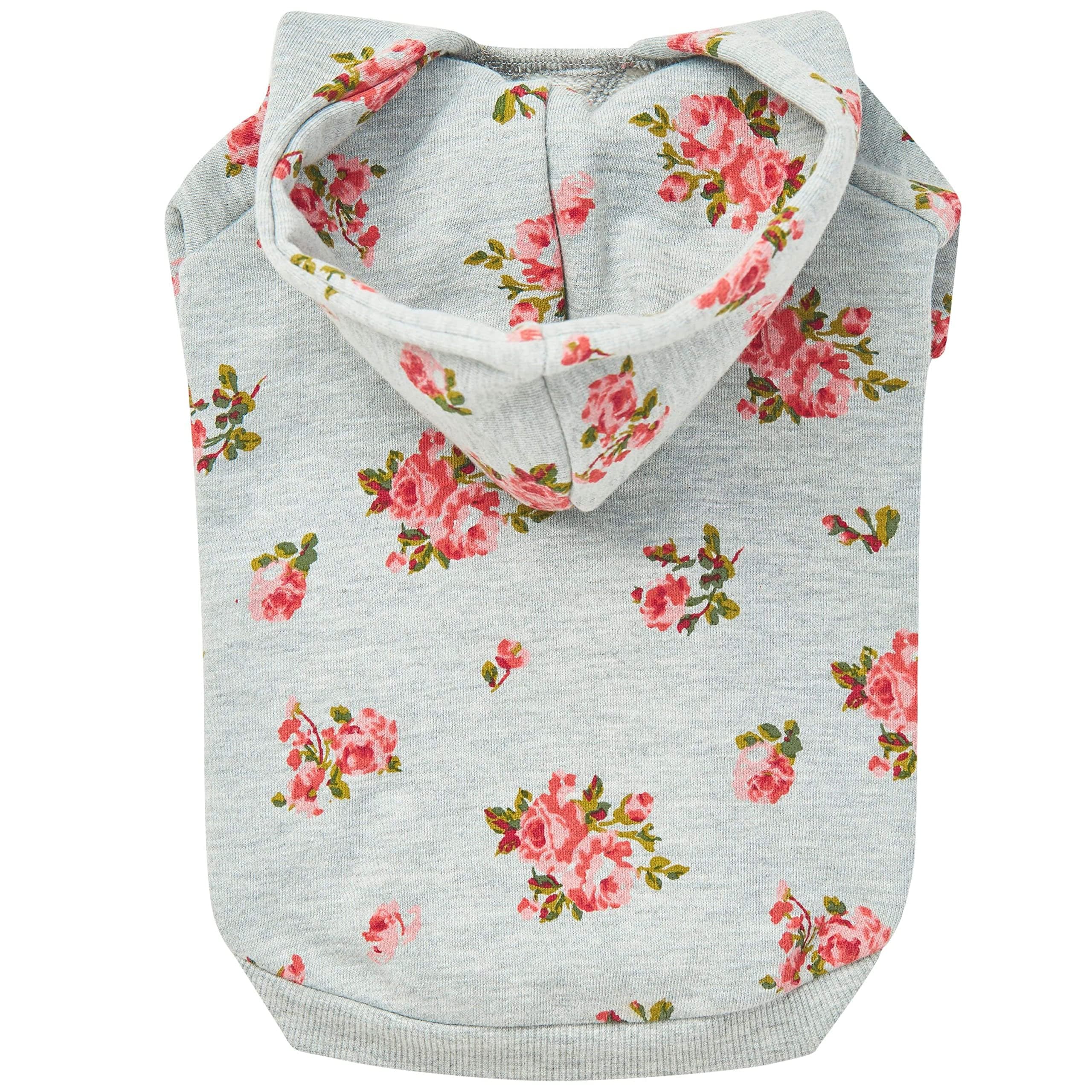 Blueberry Pet Floral Dog Hoodie, Rose Print Pullover Sweatshirt for Small Dogs, 12" Back Length, Lightweight Spring Outfit in Stylish Grey